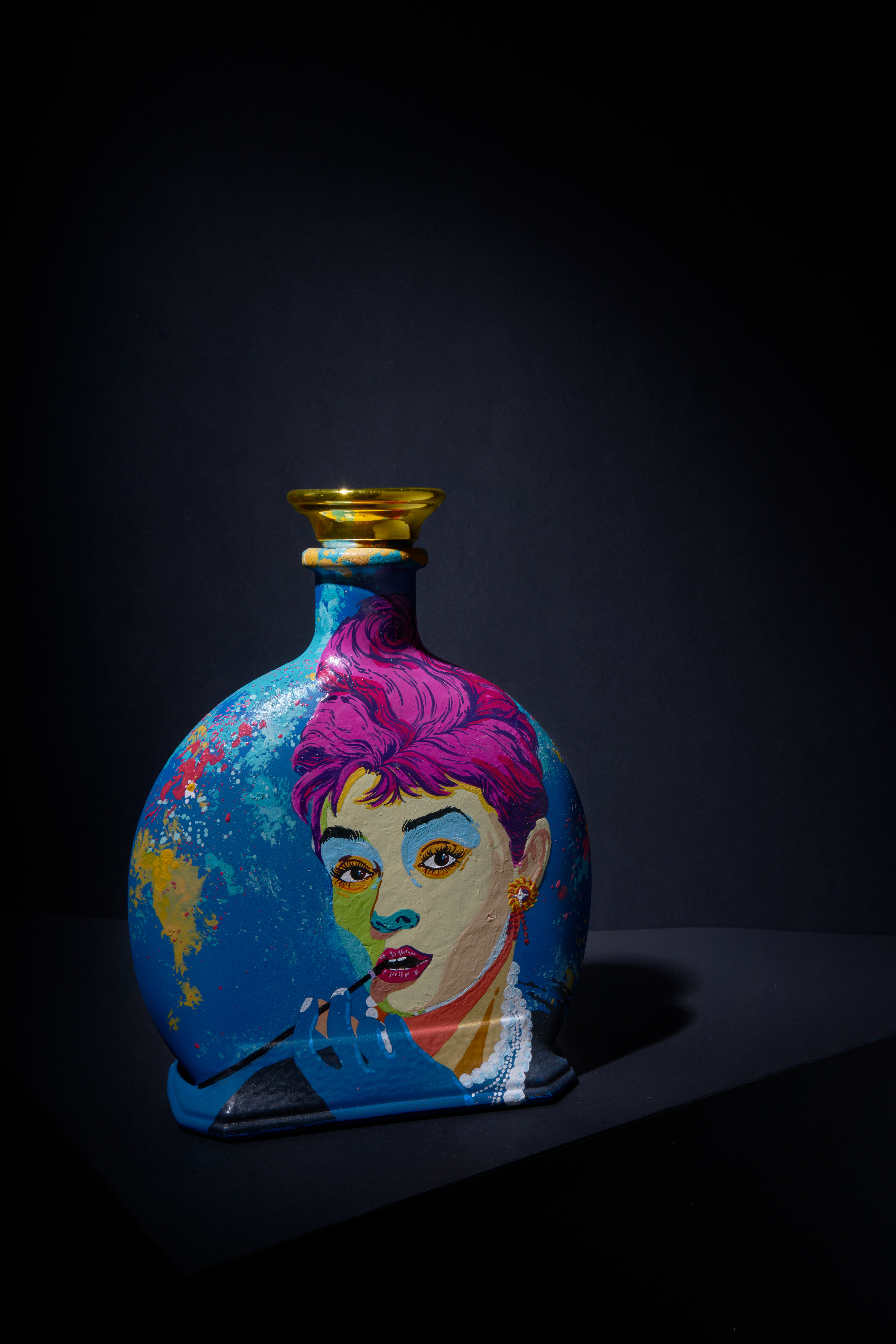 artistic product, design installation, decorative art, bottle art series, shape-based painting, live art project, community art, inspired by legends, portrait bottles, art with depth