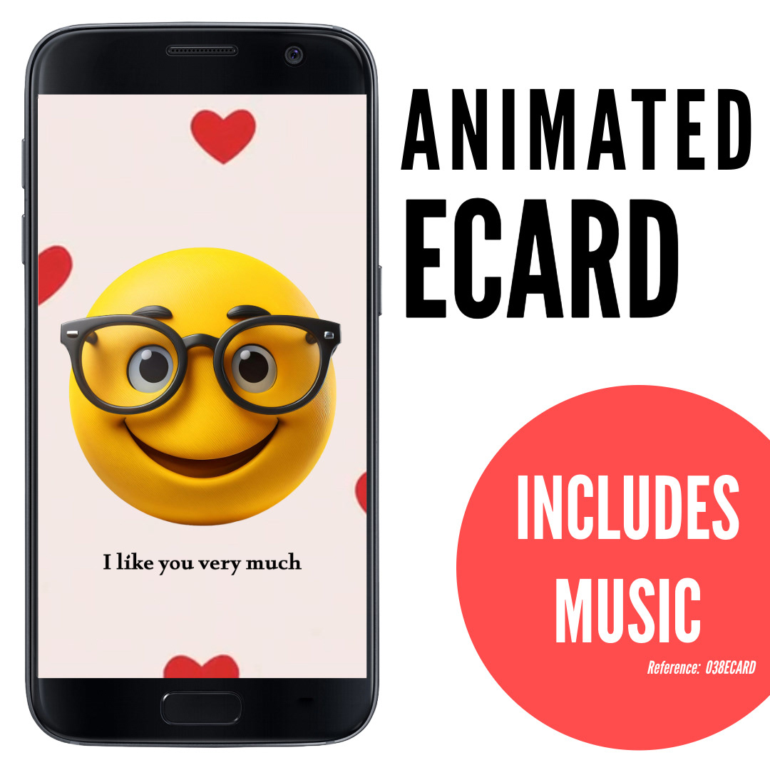 image of phone displaying yellow emoji face with large black-framed glasses and big friendly smile, red heart icons in background, overlay text I like you very much, fun Valentine’s ecard, animated ecard with music, ref: 038ECARD