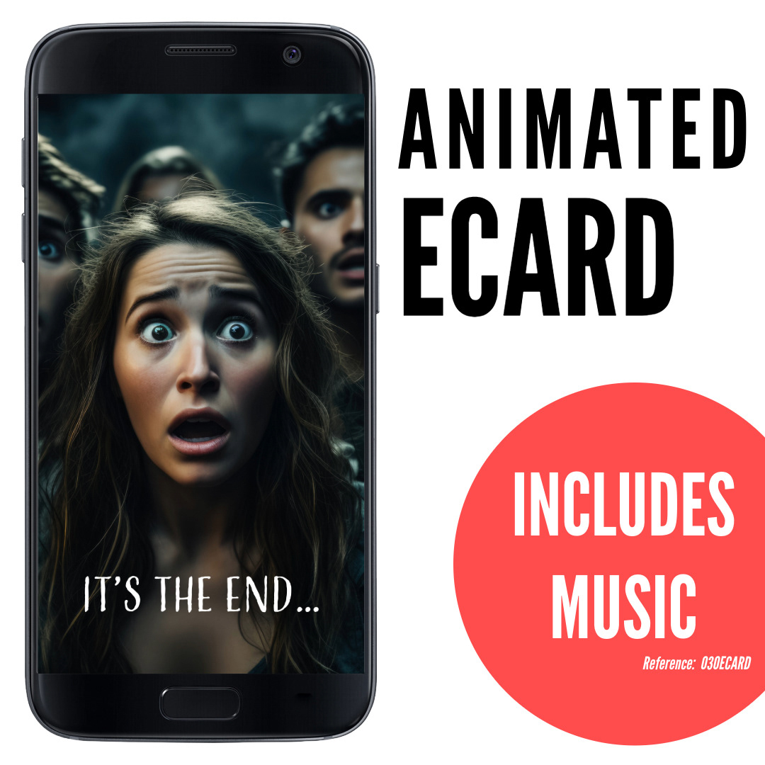 image of phone displaying scared woman looking like it’s the end of the world, silly funny ecard It’s the end, animated ecard with music, ref: 030ECARD