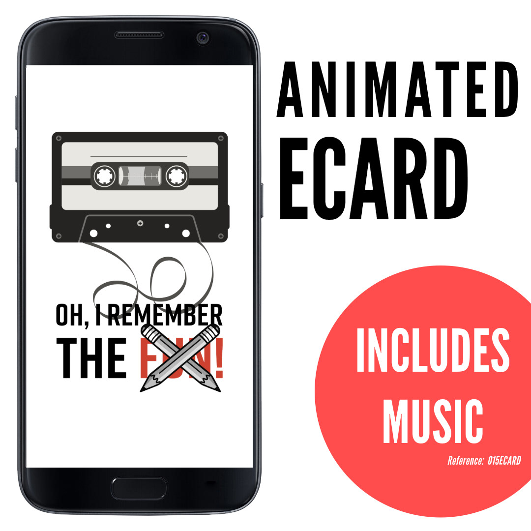 image of phone displaying retro 80s tape cassette with tape unraveling and two pencils crossed, silly funny ecard fun, animated ecard with music, ref: 015ECARD