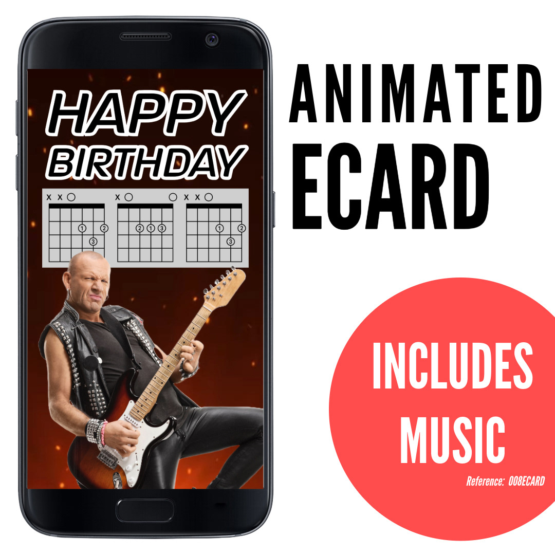 image of phone displaying man with shaved head playing guitar with one knee up on dark red to black gradient background, fun ecard for rock and metal dads, animated ecard with music, ref: 008ECARD