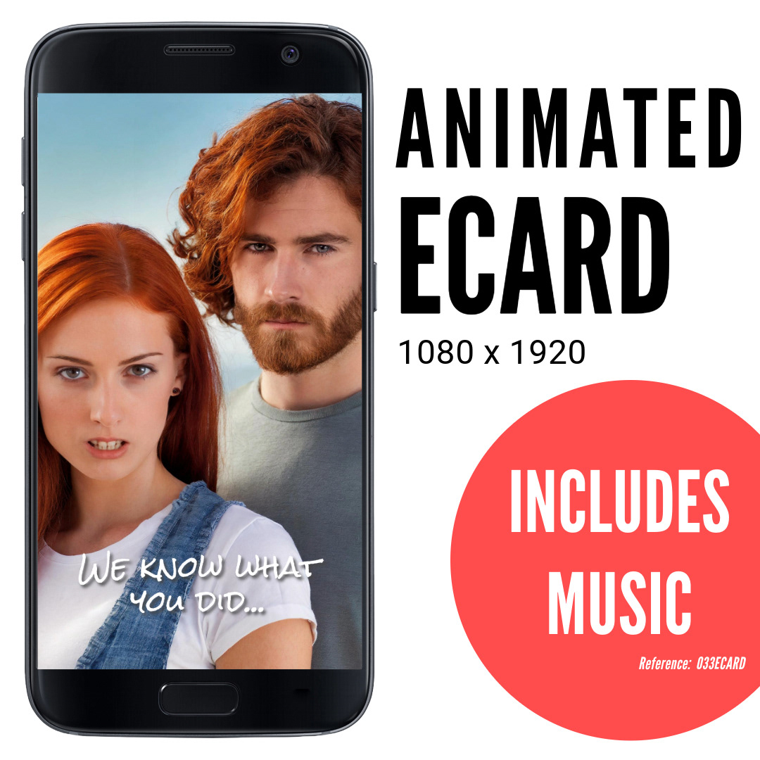 image of phone displaying angry man and woman with ginger hair staring accusingly, silly funny ecard We know what you did, animated ecard with music, ref: 033ECARD