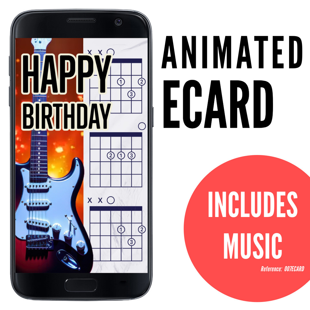 image of phone displaying guitar with fiery red and orange background showing chord diagrams D A D, fun ecard for rock and metal dads, animated ecard with music, ref: 007ECARD