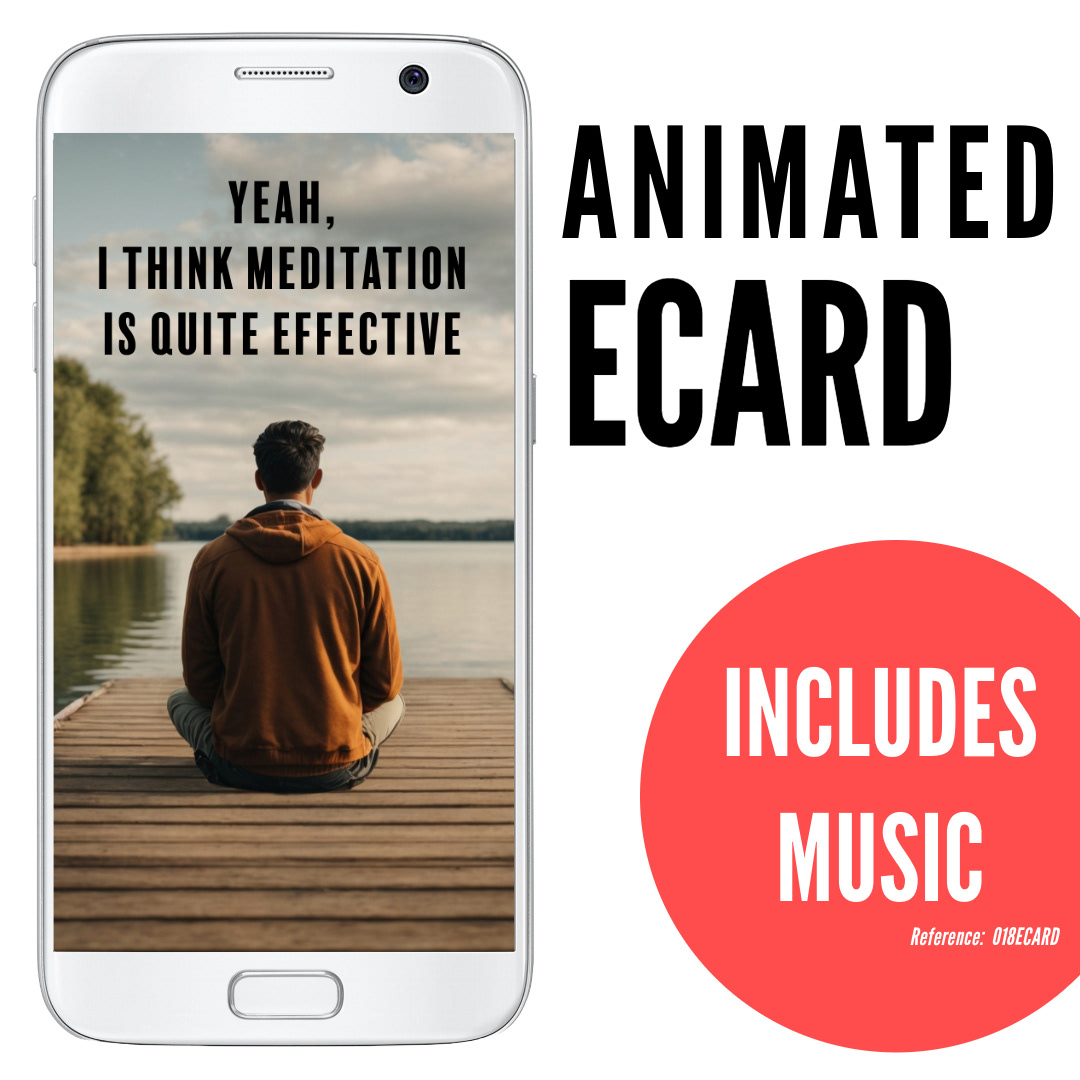 image of phone displaying man with short brown hair and orange hooded top sitting cross-legged on wooden dock facing serene lake and trees, silly funny ecard Yeah I think meditation is quite effective, animated ecard with music, ref: 018ECARD
