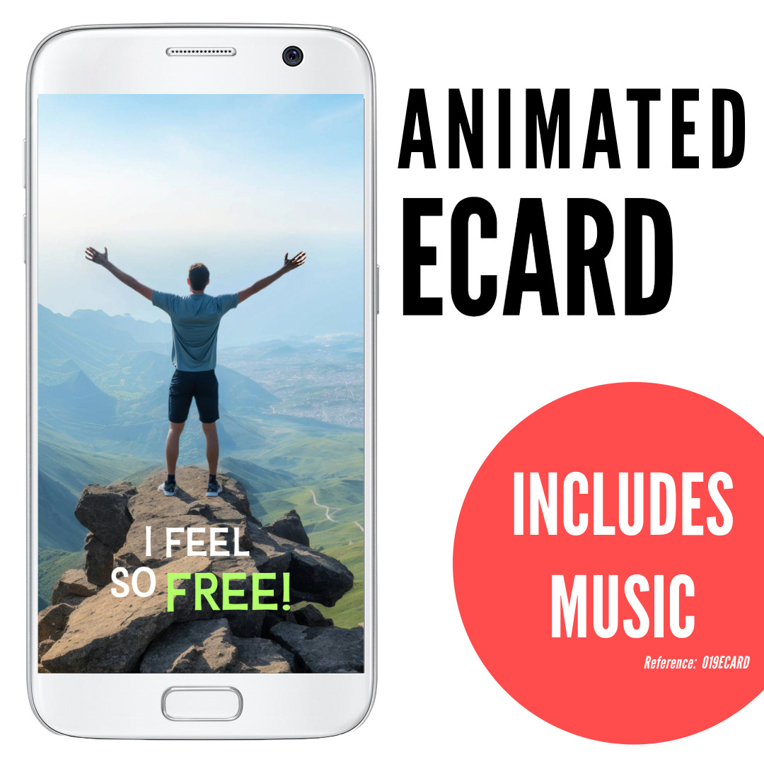 image of phone displaying man standing on mountain top with arms stretched upward and outward, wearing shorts and t-shirt, valleys and blue sky background, silly funny ecard I feel so free, animated ecard with music, ref: 019ECARD