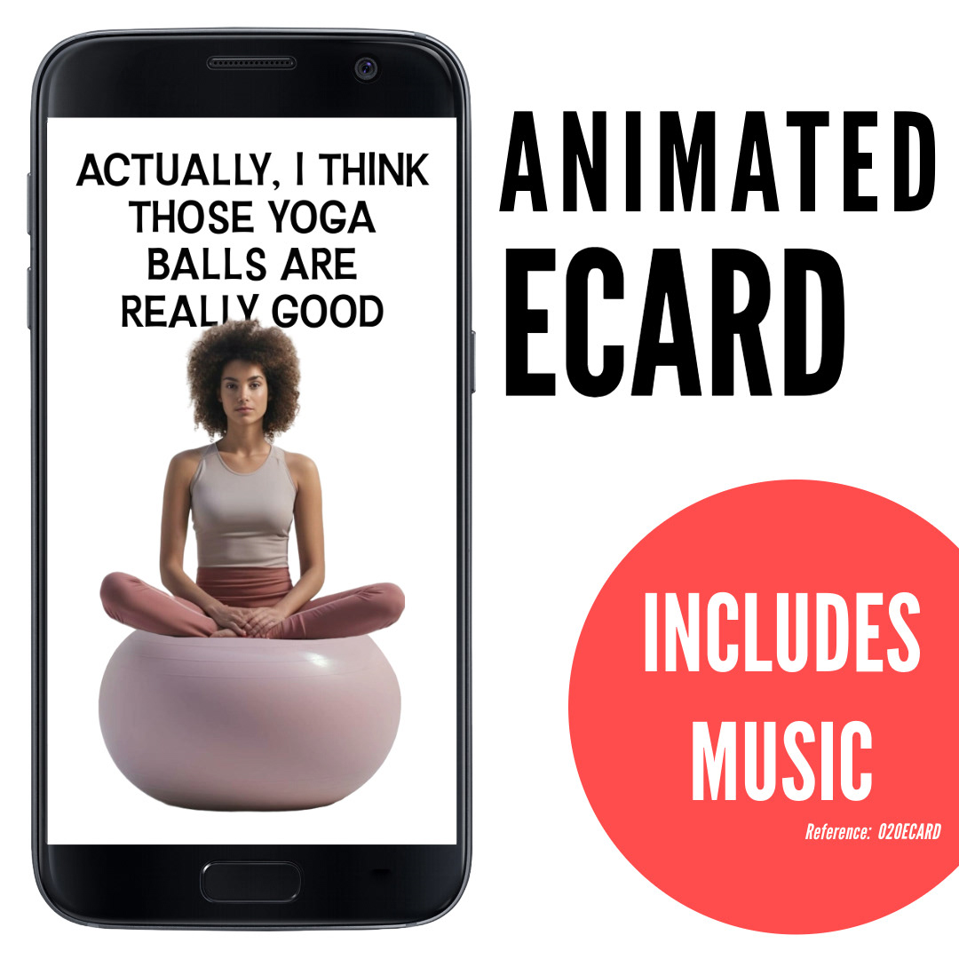 image of phone displaying woman with curly hair and burgundy vest sitting cross-legged on pink yoga ball against white background, silly funny ecard Actually I think those yoga balls are really good, animated ecard with music, ref: 020ECARD