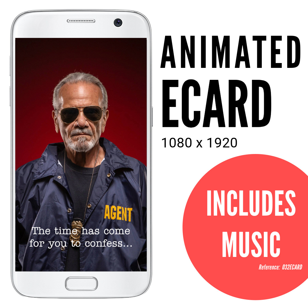 image of phone displaying older man in shades and agent jacket, silly funny ecard The time has come for you to confess, animated ecard with music, ref: 032ECARD