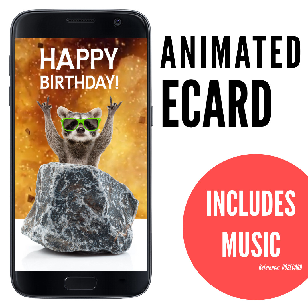 image of phone displaying raccoon with green shades making rock hand signs behind stone, yellow-orange explosion background, silly funny ecard Happy Birthday, animated ecard with music, ref: 002ECARD