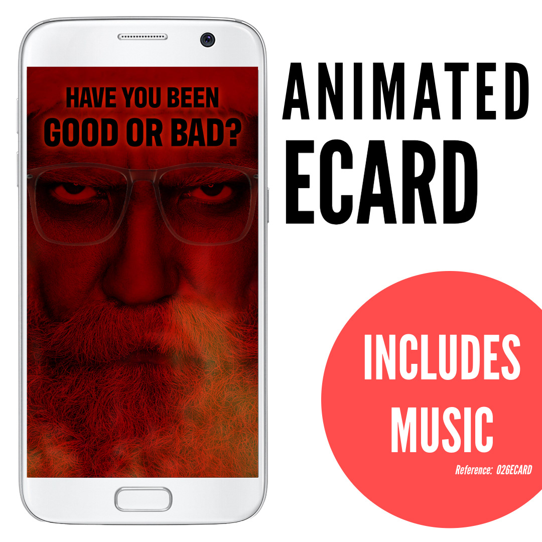 image of phone displaying Santa Claus wearing glasses with serious expression, red overlay, silly funny ecard with text Have you been good or bad?, animated ecard with music, ref: 026ECARD
