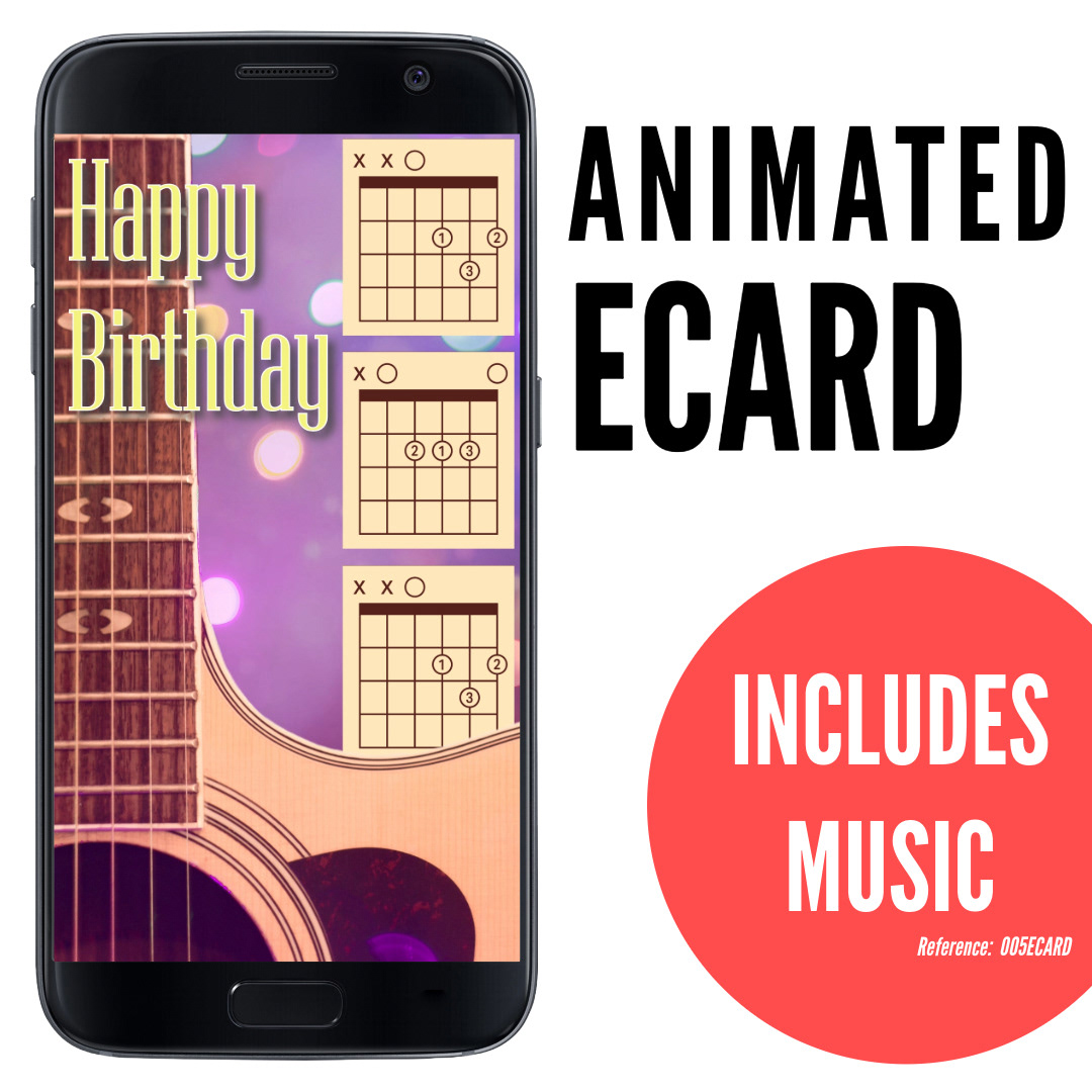 image of phone displaying guitar with pink purple background showing chord diagrams D A D and text Happy Birthday, silly funny ecard for dad, animated ecard with music, ref: 005ECARD