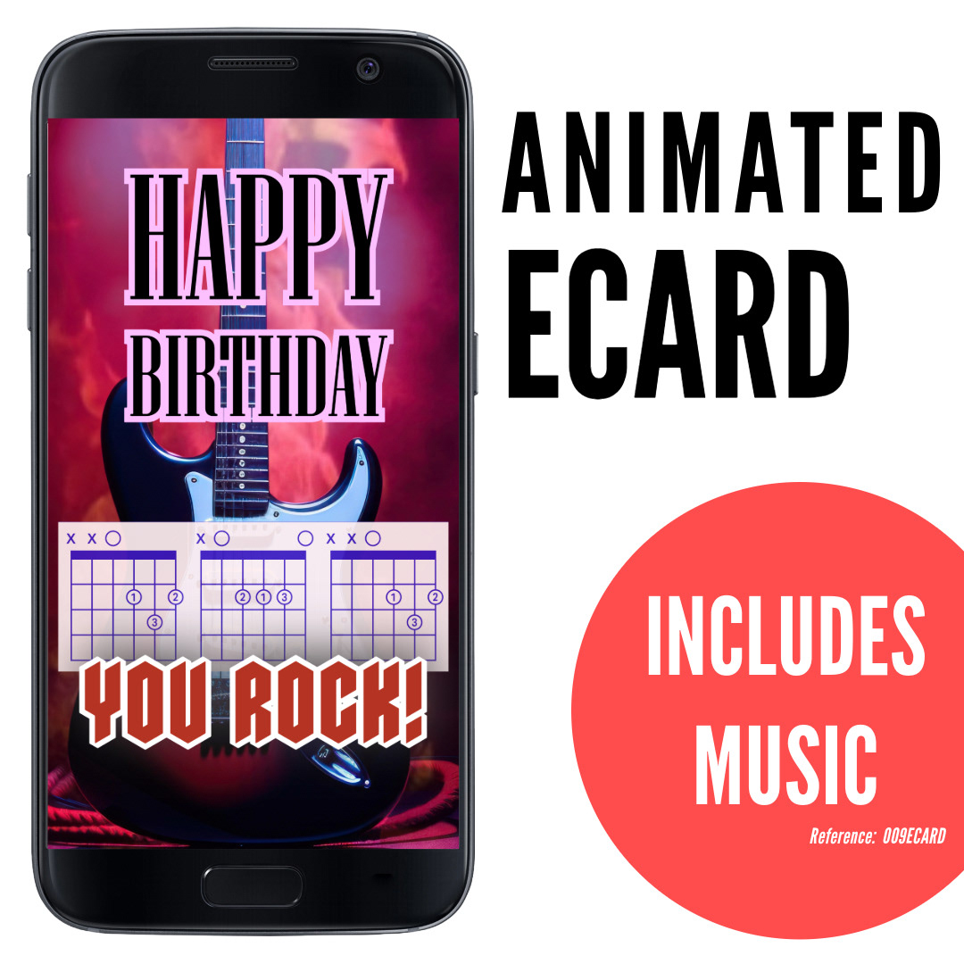 image of phone displaying guitar with smoky pink and purple background showing chord diagrams D A D, text Happy Birthday and You Rock, pink guitar lead at bottom, fun ecard for rock and metal dads, animated ecard with music, ref: 009ECARD