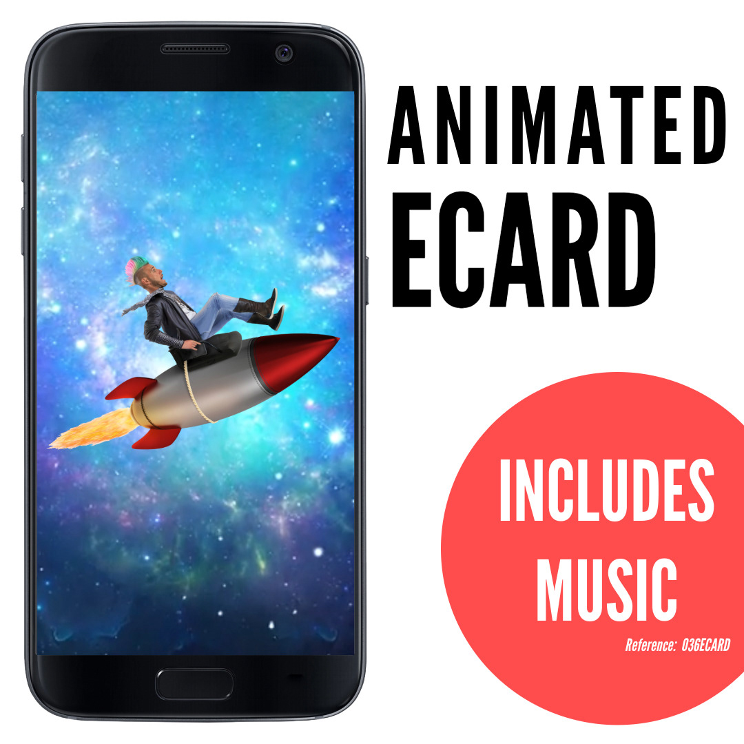image of phone displaying man with multicolored mohawk riding rocket through blue galaxy with flames, silly funny ecard, animated ecard with music, ref: 036ECARD