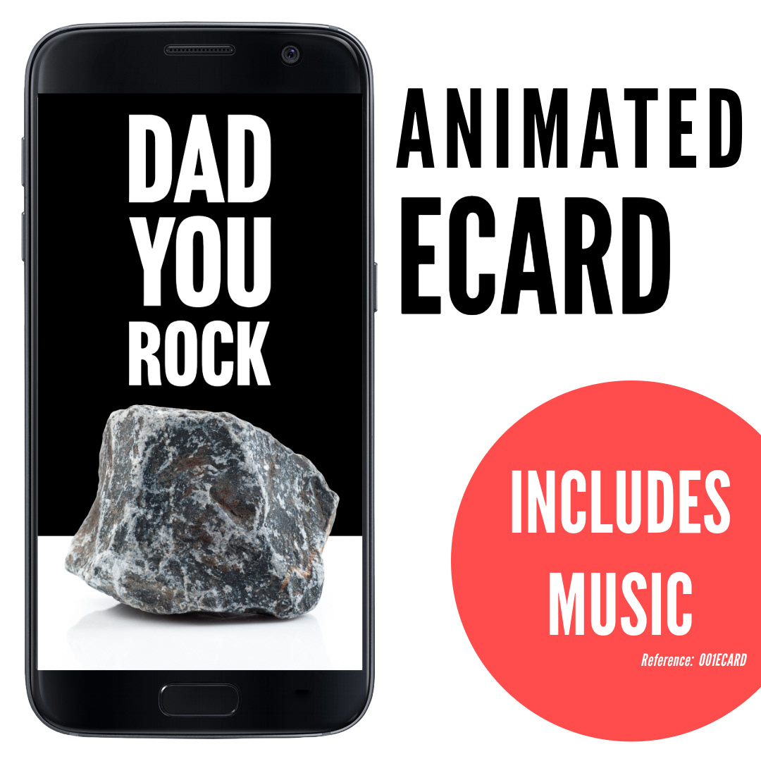 image of phone displaying stone on white surface with black background and bold white uppercase text Dad You Rock, fun ecard for anyone who loves their dad, animated ecard with music, ref: 001ECARD