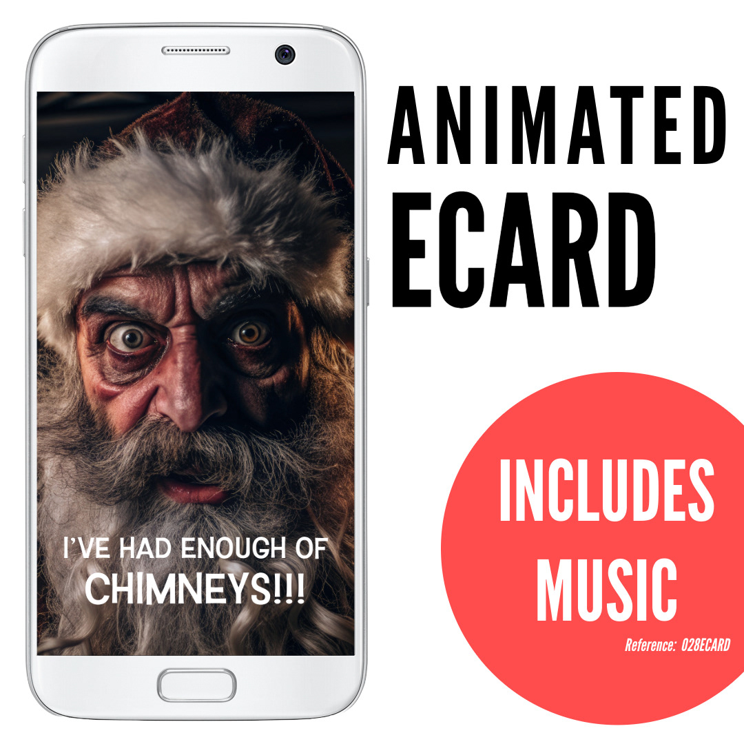 image of phone displaying Santa Claus with sooty face and beard looking into despair, silly funny ecard I’ve had enough of chimneys, animated ecard with music, ref: 028ECARD