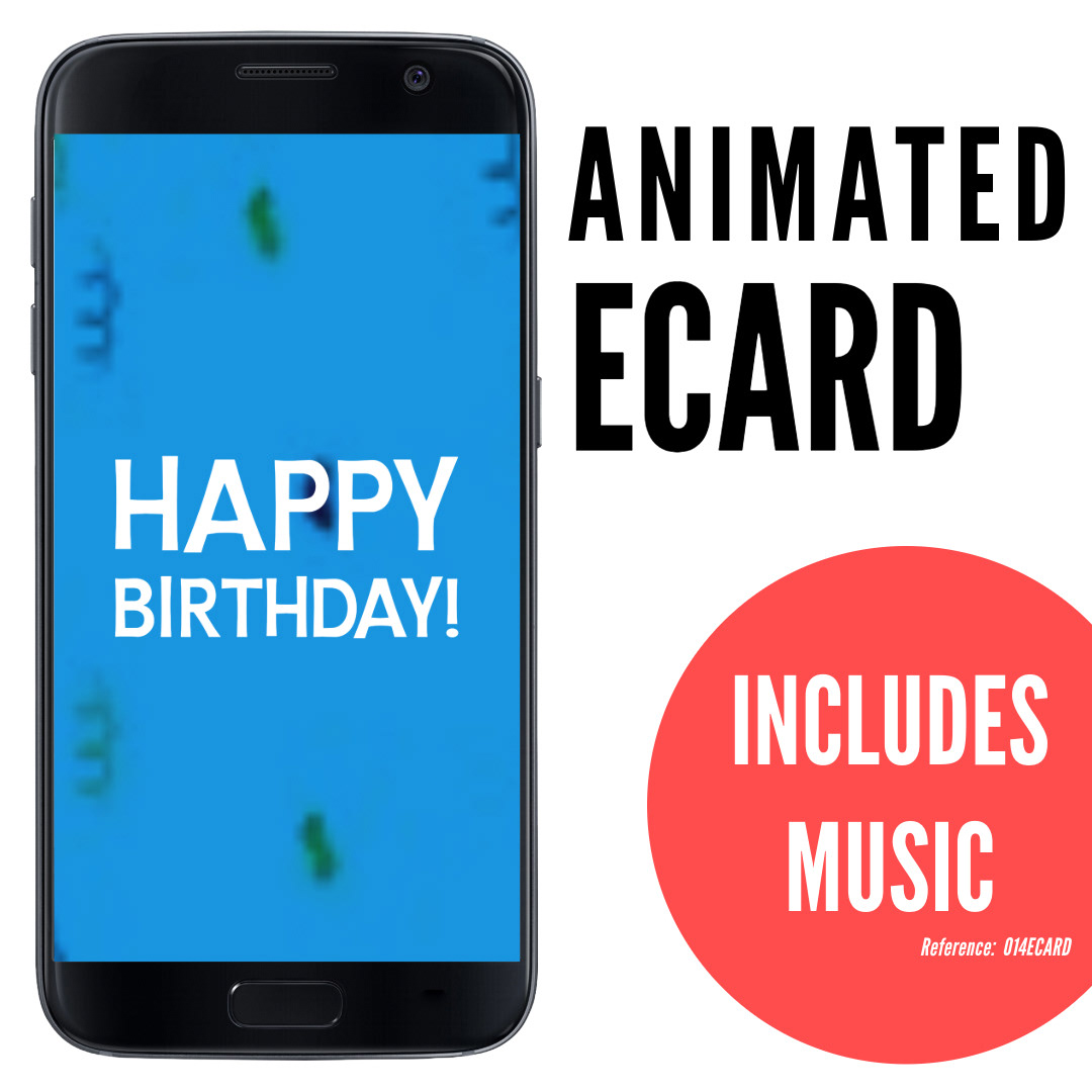 image of phone displaying happy birthday text on blue background with party decorations, fun uplifting ecard, animated ecard with music, ref: 014ECARD
