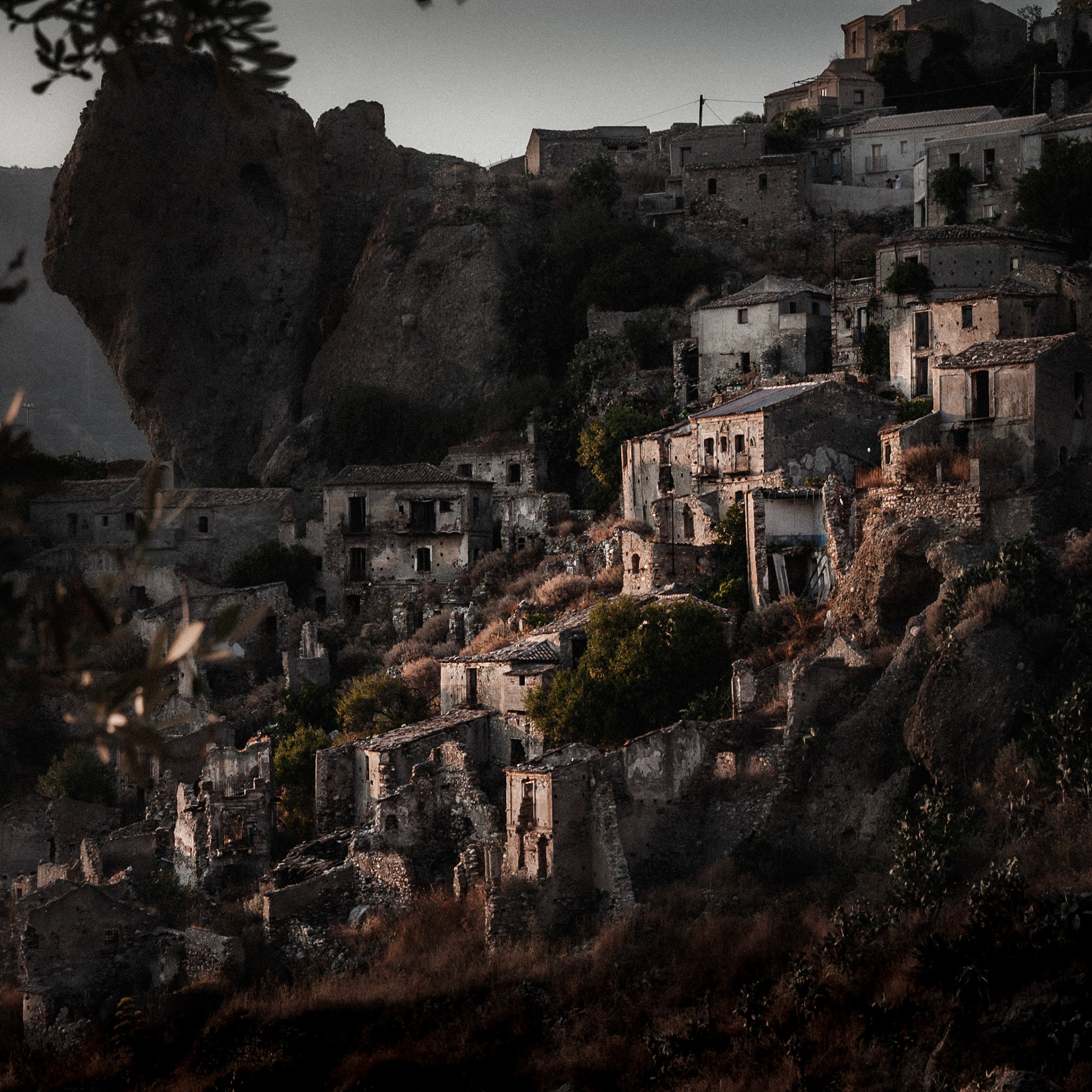 Part of the ghost town of Pentedattilo at twilight.