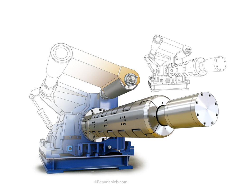Cutaway illustrations of wind turbines, oil rigs, oil field operations, ABG paving machines, reciprocating compressors, Exxon/Mobil productivity pointers, grain silos,