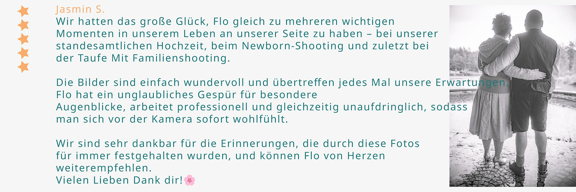 Bewertung zu Hochzeitsfotografie, Familienfotografie, Newbornfotografie in Kempten durch Flo Steinweg Photography