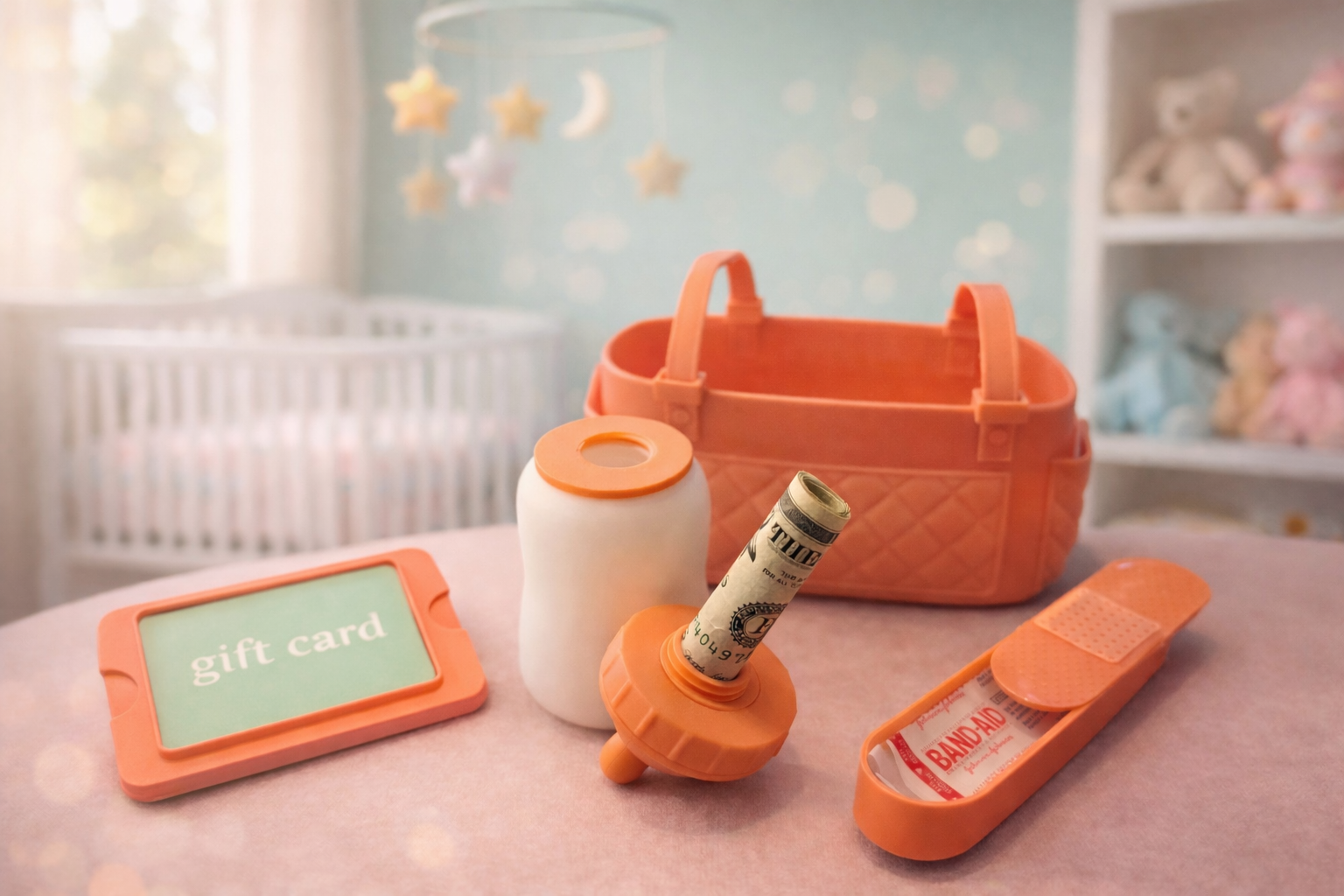 Make your baby shower gift extra special with this adorable Mini Purse Baby Keepsake. Thoughtfully designed to hold a gift card, cash in a baby bottle holder, and small themed accessories, this charming presentation adds a unique touch to any baby shower gift. Cute, creative, and memorable, it transforms gifting into part of the celebration.