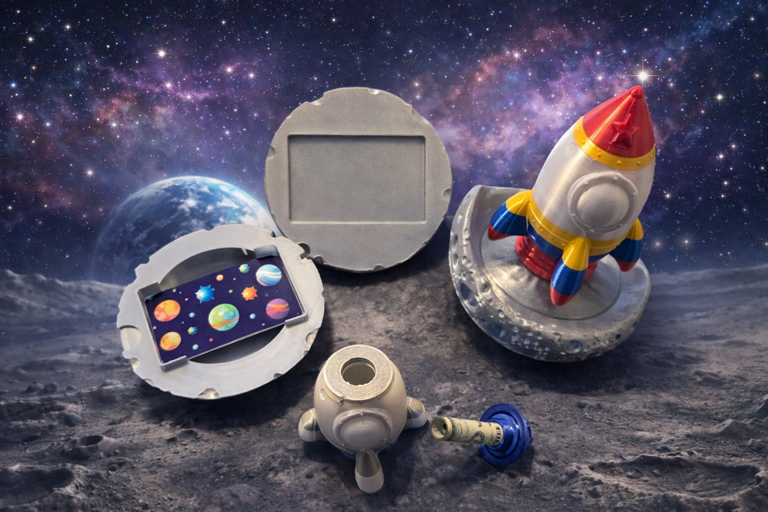 The rocket top unscrews to reveal a hidden cash surprise, while the matching moon base holds a gift card and small accessories for the perfect space-themed gift. Our Retro Rocket can be ordered individually or as a complete rocket and moon set for little astronauts ready to explore the stars.