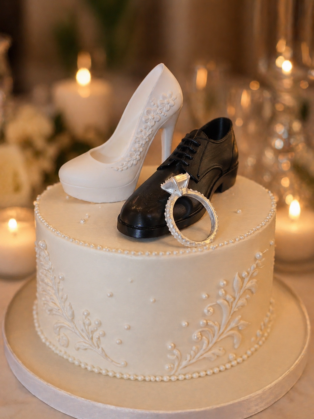 A creative shoe motif pairs a bridal heel and groom’s shoe with an engagement ring to symbolize two lives coming together... making it a stylish and meaningful centerpiece, perfect for an engagement party.