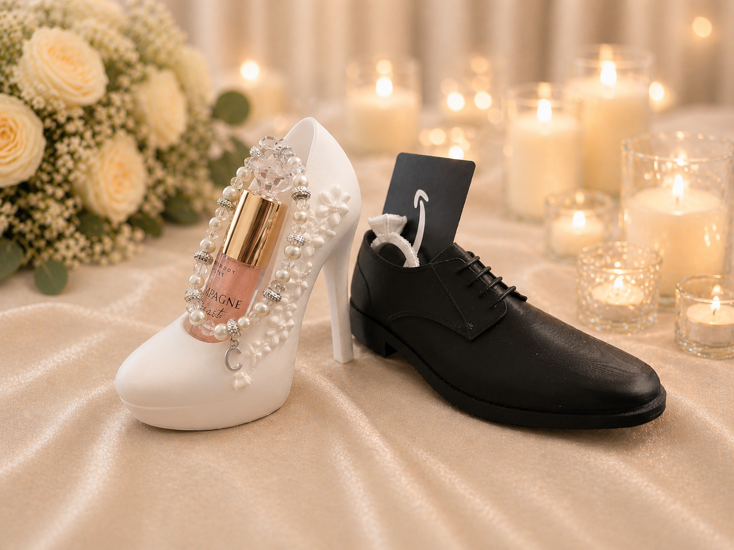 The bride’s elegant heel beautifully displays a lip gloss and delicate charm, adding a soft, personal touch. Beside it, the groom’s classic shoe features a hidden space perfect for a gift card or small cologne... blending style with purpose. Whether given as a wedding surprise or kept as a cherished memento, this romantic set turns simple gifts into a lasting memory beyond “I do.”