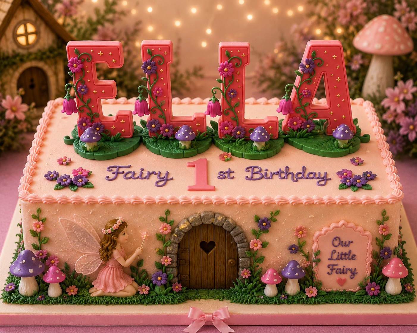 Add fairy-tale magic to any cake with personalized Fairy Garden Letter Toppers, featuring blooming flowers, whimsical mushrooms, and enchanting vines. A beautiful centerpiece and keepsake in one.