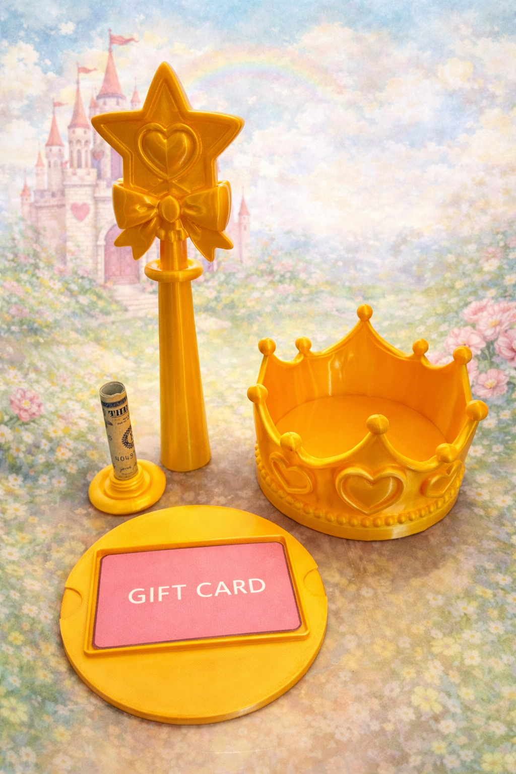 This Princess Crown Keepsake and Matching Wand hide special surprises inside. The wand holds rolled cash within the handle, while the crown stores a gift card in the base, creating a fun and memorable gift presentation. Perfect for princess-themed birthdays and celebrations. Available individually or as a matching set.