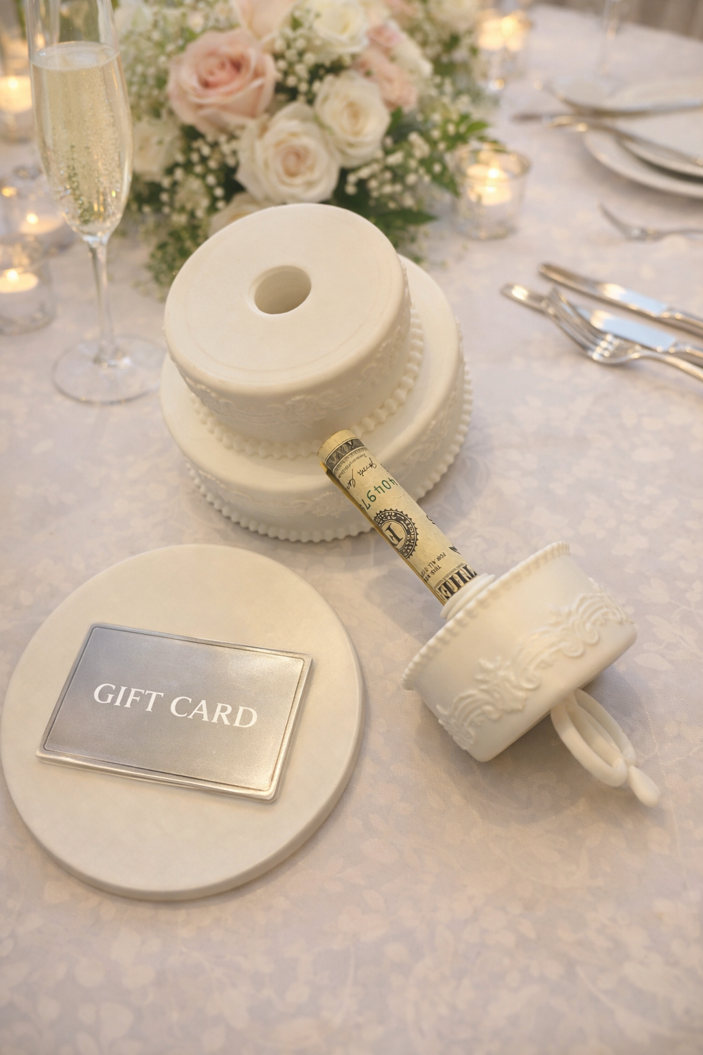 Beautifully crafted with refined detail, it features two hidden compartments—an upper compartment designed for gifting cash and a discreet base compartment perfectly sized for a gift card. Both functional and decorative, this timeless piece becomes a meaningful keepsake the couple can treasure long after their special day.