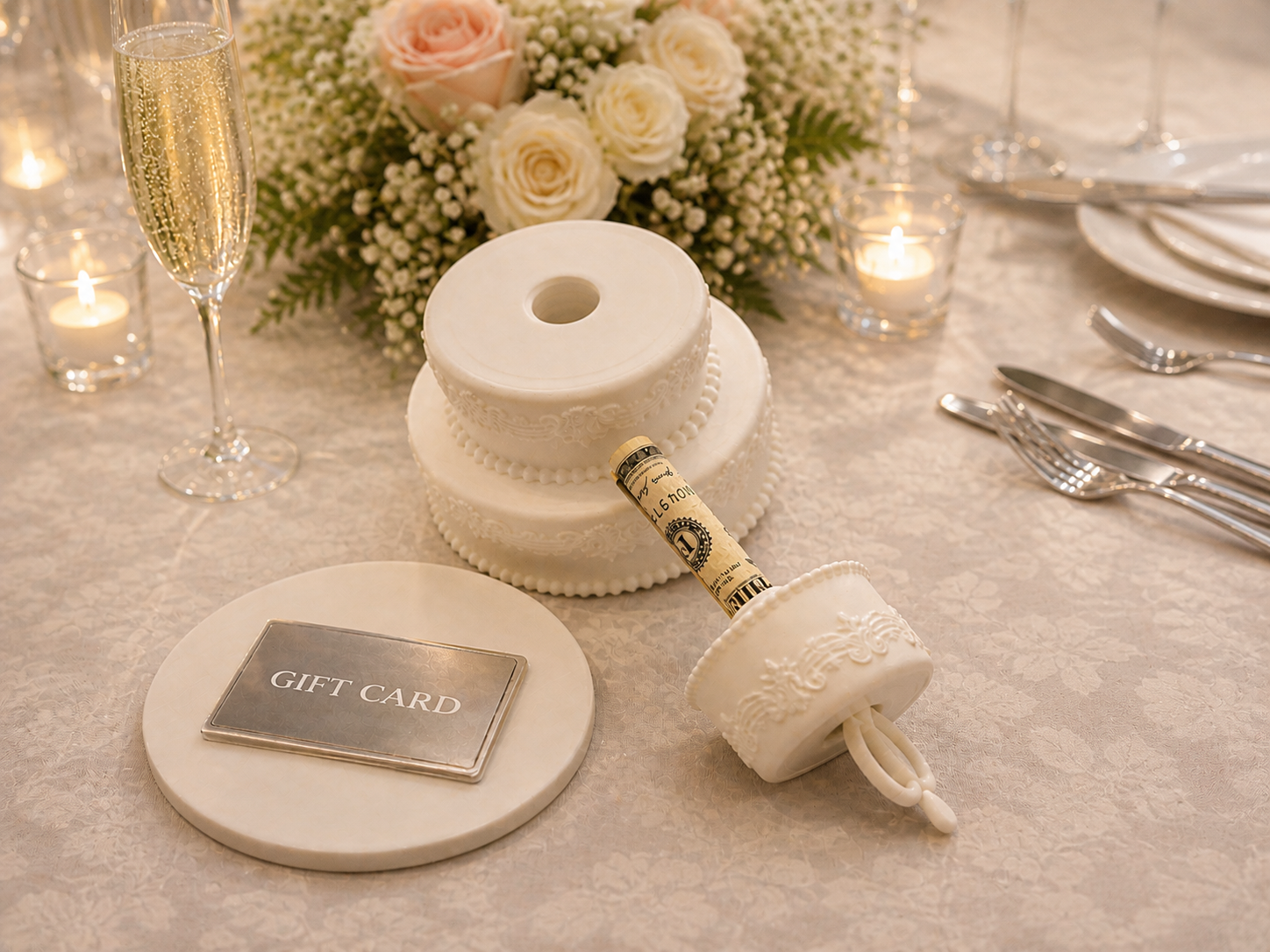 Beautifully crafted with refined detail, it features two hidden compartments—an upper compartment designed for gifting cash and a discreet base compartment perfectly sized for a gift card. Both functional and decorative, this timeless piece becomes a meaningful keepsake the couple can treasure long after their special day.