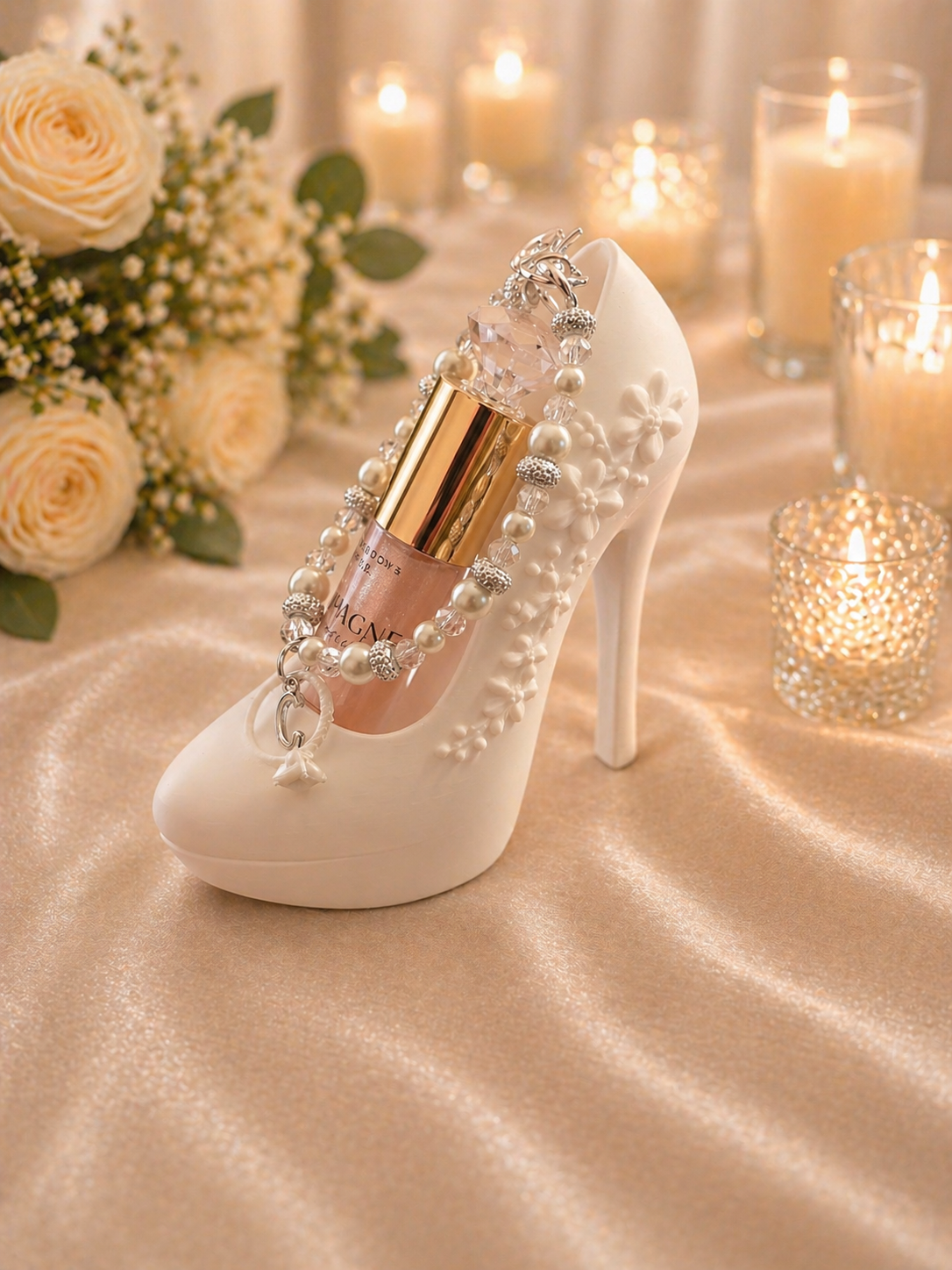 Perfect for a bridal shower, this elegant heel transforms a lip gloss and charm into a beautiful, memorable gift for the bride-to-be.