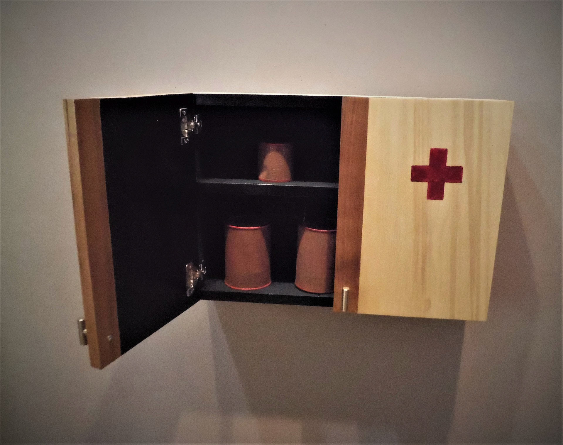 Detail of COVID work with one cabinet door open and one closed.