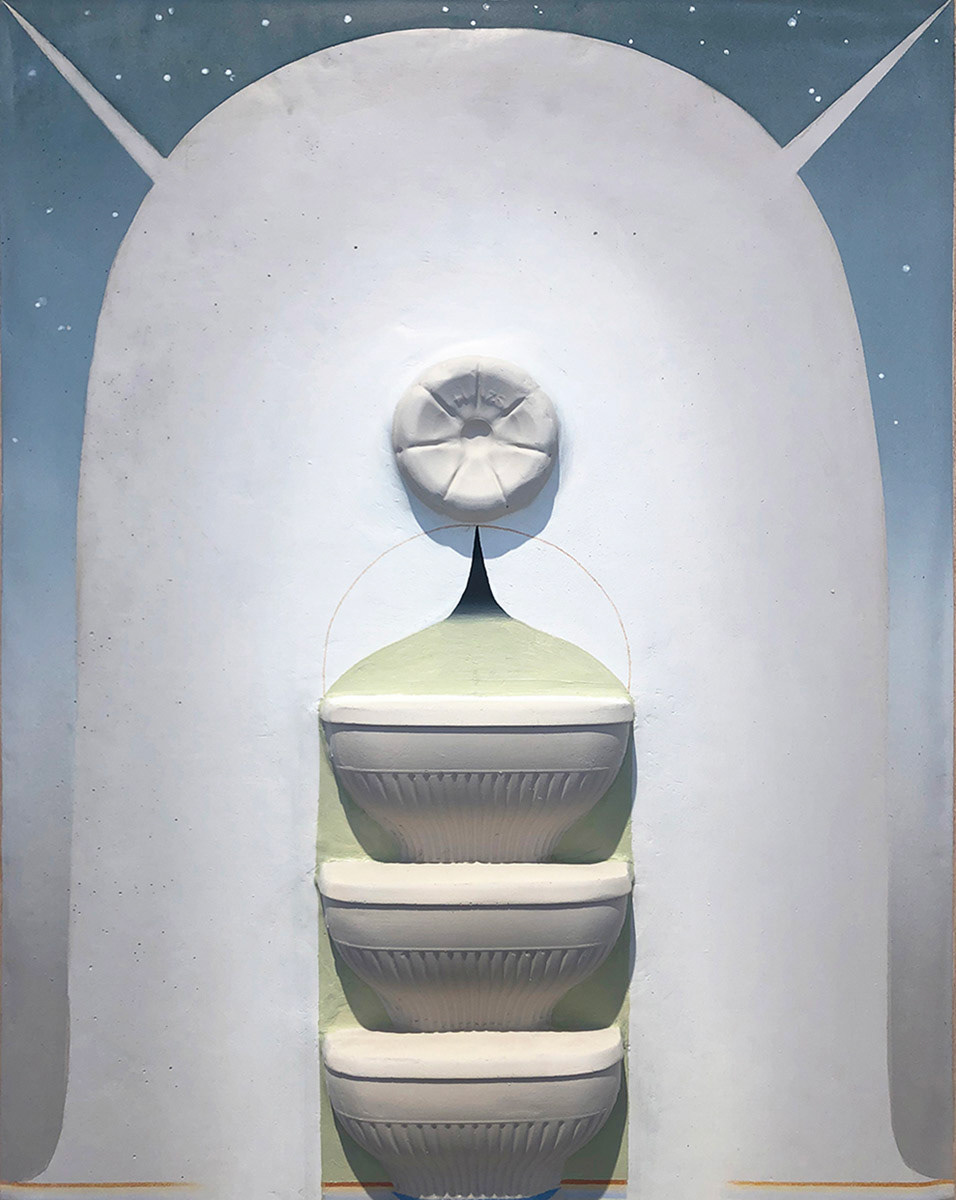 Created by pouring plaster into single-use plastics, then composing the works inside the frame and pouring more plaster around the forms. Oil and colored pencil used on top of the plaster and finished with a matte varnish.