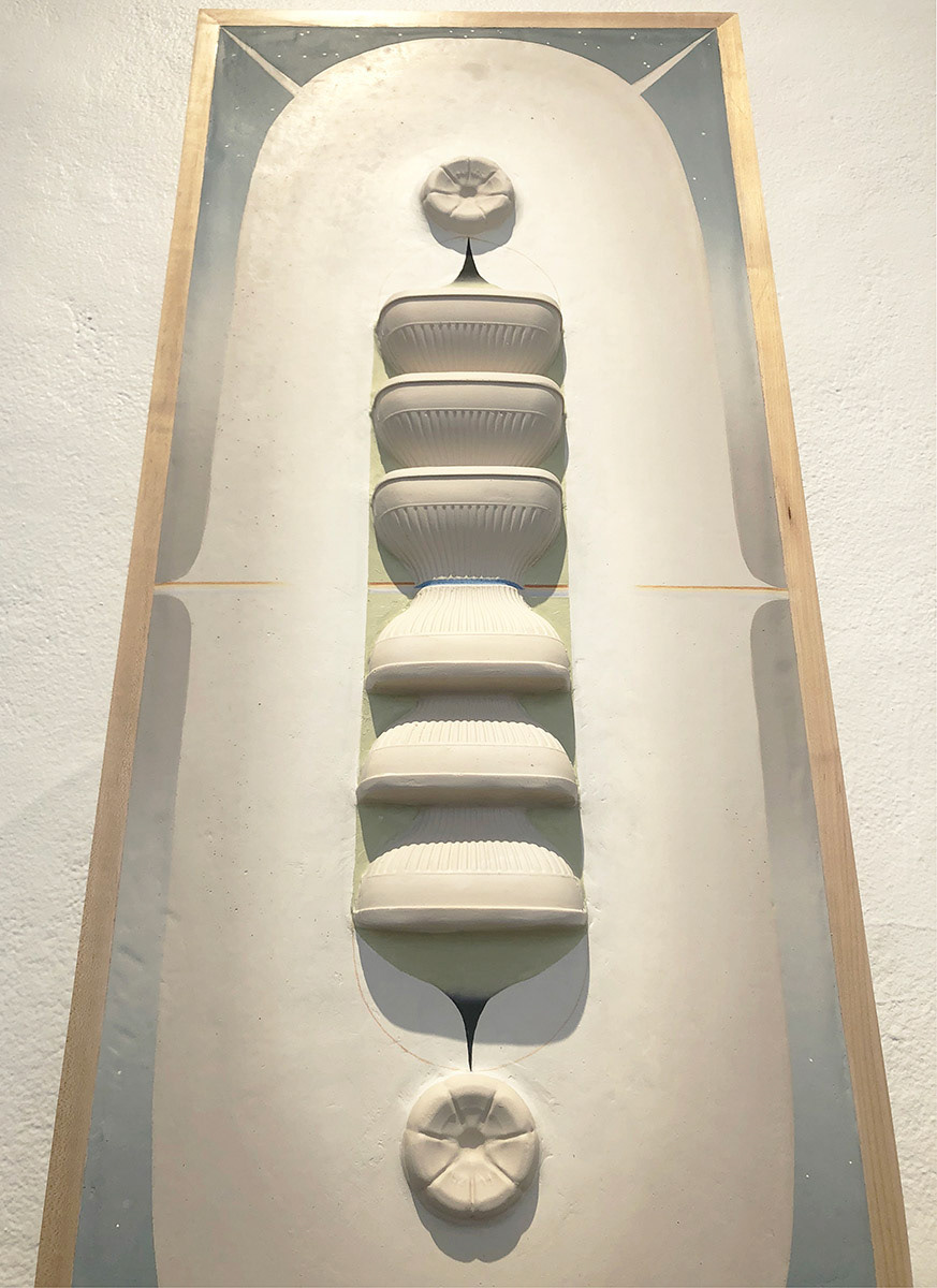 Created by pouring plaster into single-use plastics, then composing the works inside the frame and pouring more plaster around the forms. Oil and colored pencil used on top of the plaster and finished with a matte varnish.
