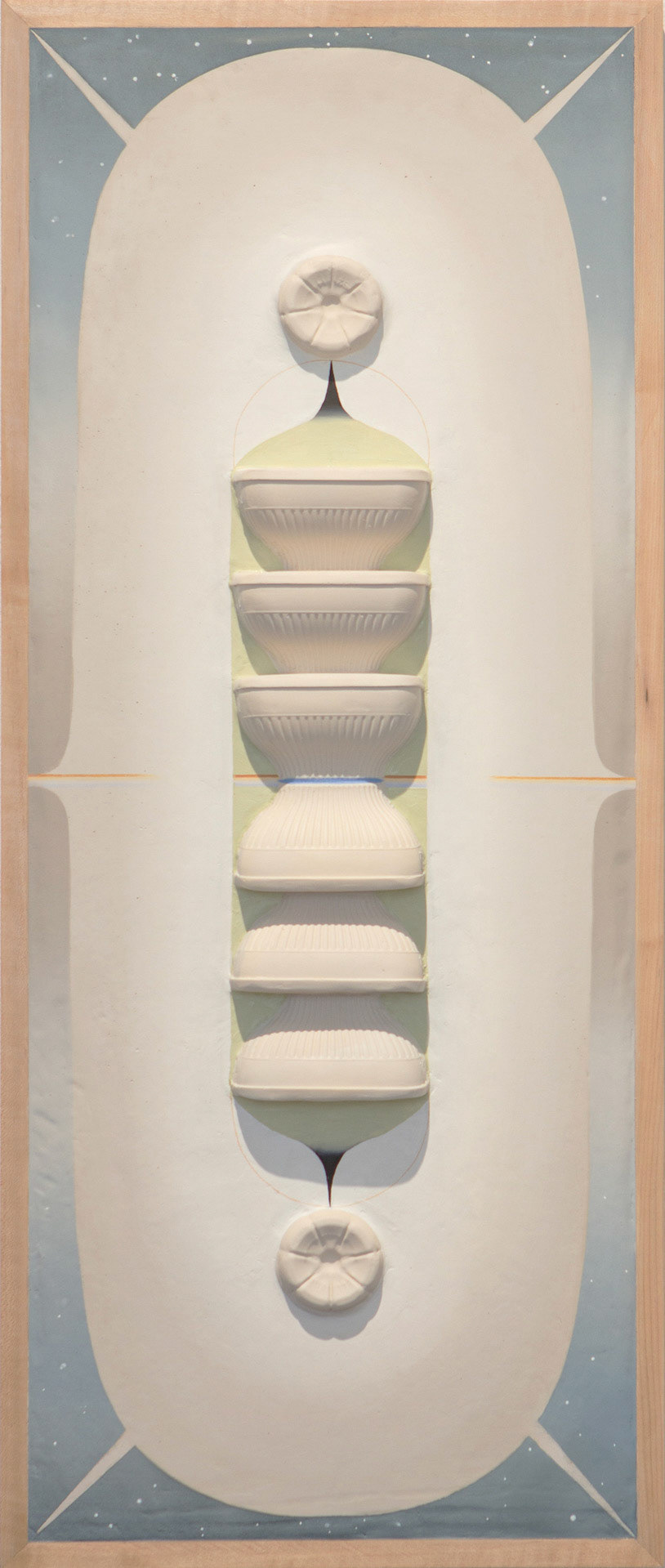 Created by pouring plaster into single-use plastics, then composing the works inside the frame and pouring more plaster around the forms. Oil and colored pencil used on top of the plaster and finished with a matte varnish.