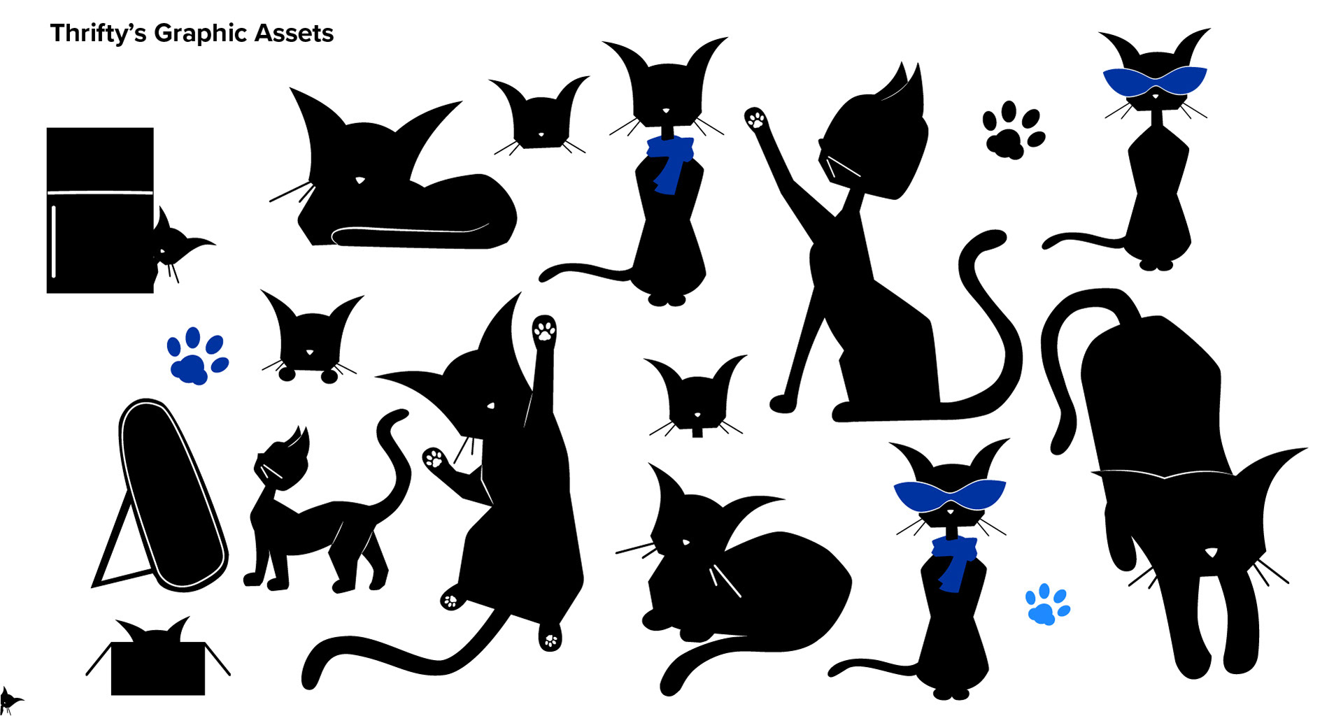 An assortment of illustrations of Thrifty hiding, napping, playing and trying on accessories.