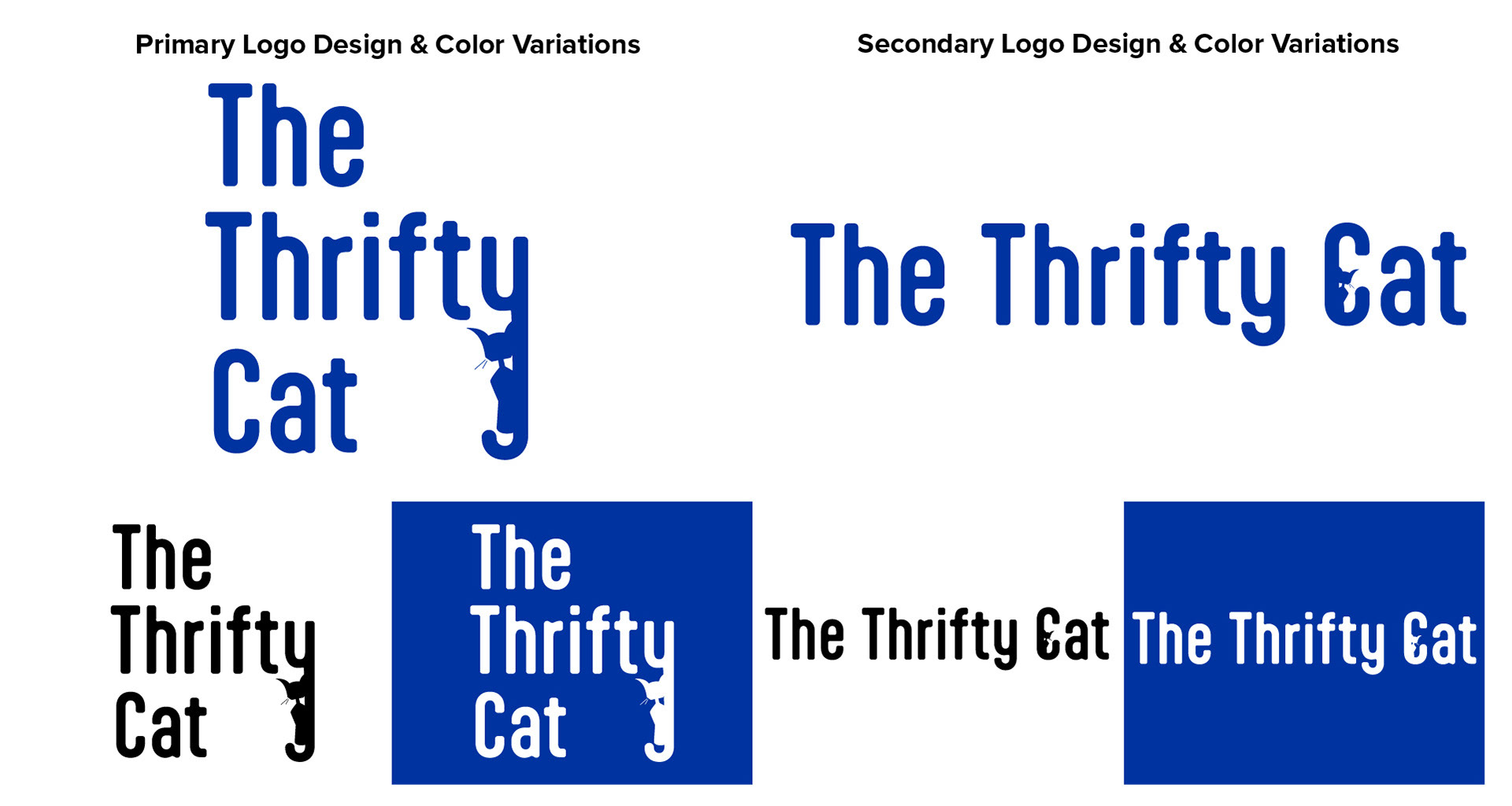 The Thrifty Cat's primary and secondary logo including it's black and white color variations.