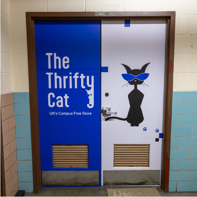 Door wrap for The Thrifty Cat's entrance.