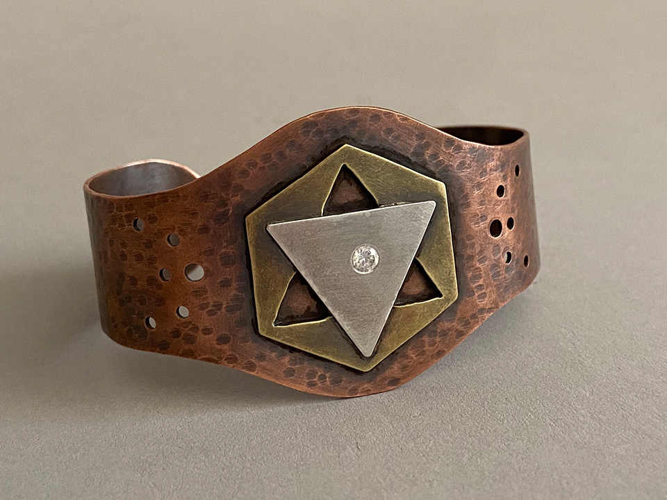 Atsuko Uchida "Starseed Cuff Bracelet" - Silver, brass, copper, cubic zirconia, 1.5 x 2.6 x 1.75 inches