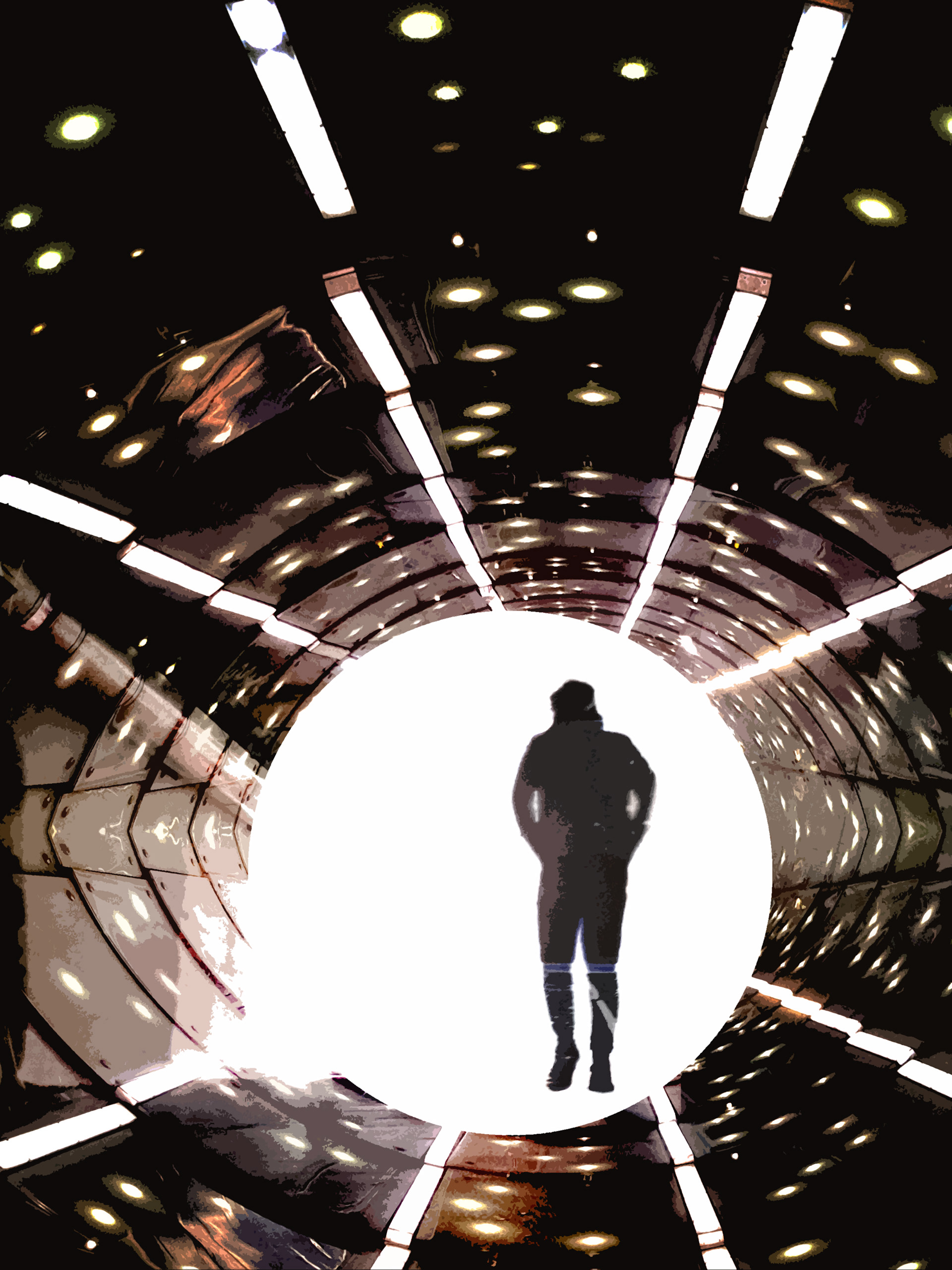 Artwork by Julian Konopelski. "Beyond" is a mashup of two separate photos. The figure walking is a "selfie" I took walking around a prison-like museum in Uruguay, while the portal-like structure are inspired by one of Warsaw's metro stations.