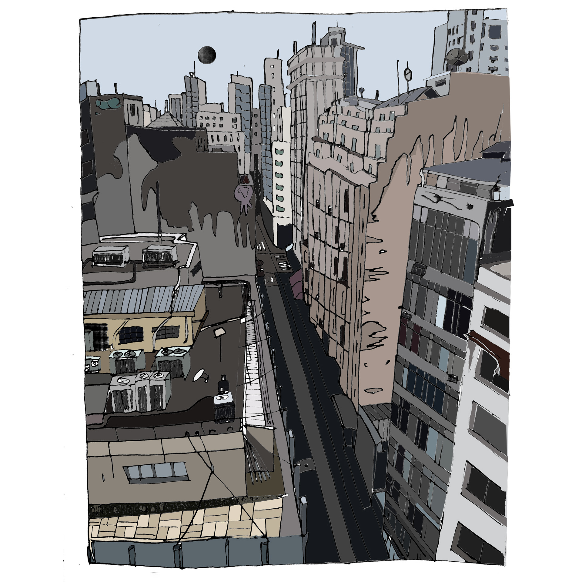 Artwork by Julian Konopelski. Most of my visual art is based on photography, collage and photo manipulation. Recently, however, I have been discovering more ways of expression, drawing and painting being my favorite discoveries. This drawing represents a memory-like image of the center of Sao Paulo, as seen from the terrace of the Sesc 24 de Maio.