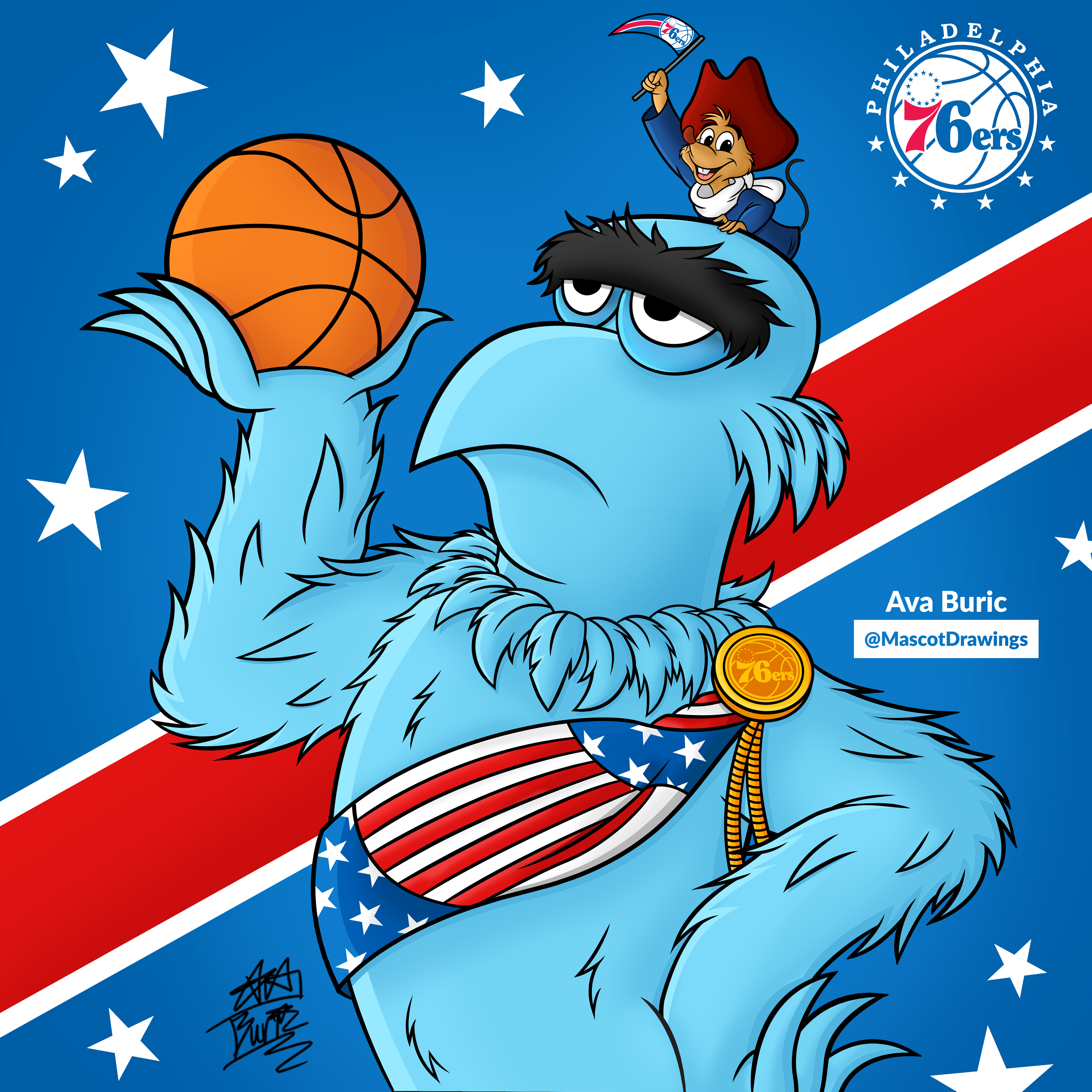 Sam Eagle (The Muppets) and Amos Mouse (Ben And Me) supporting the Philadelphia 76ers