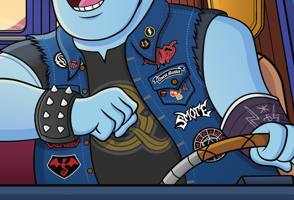 Closer view of the detailing of Barley's jacket and patches