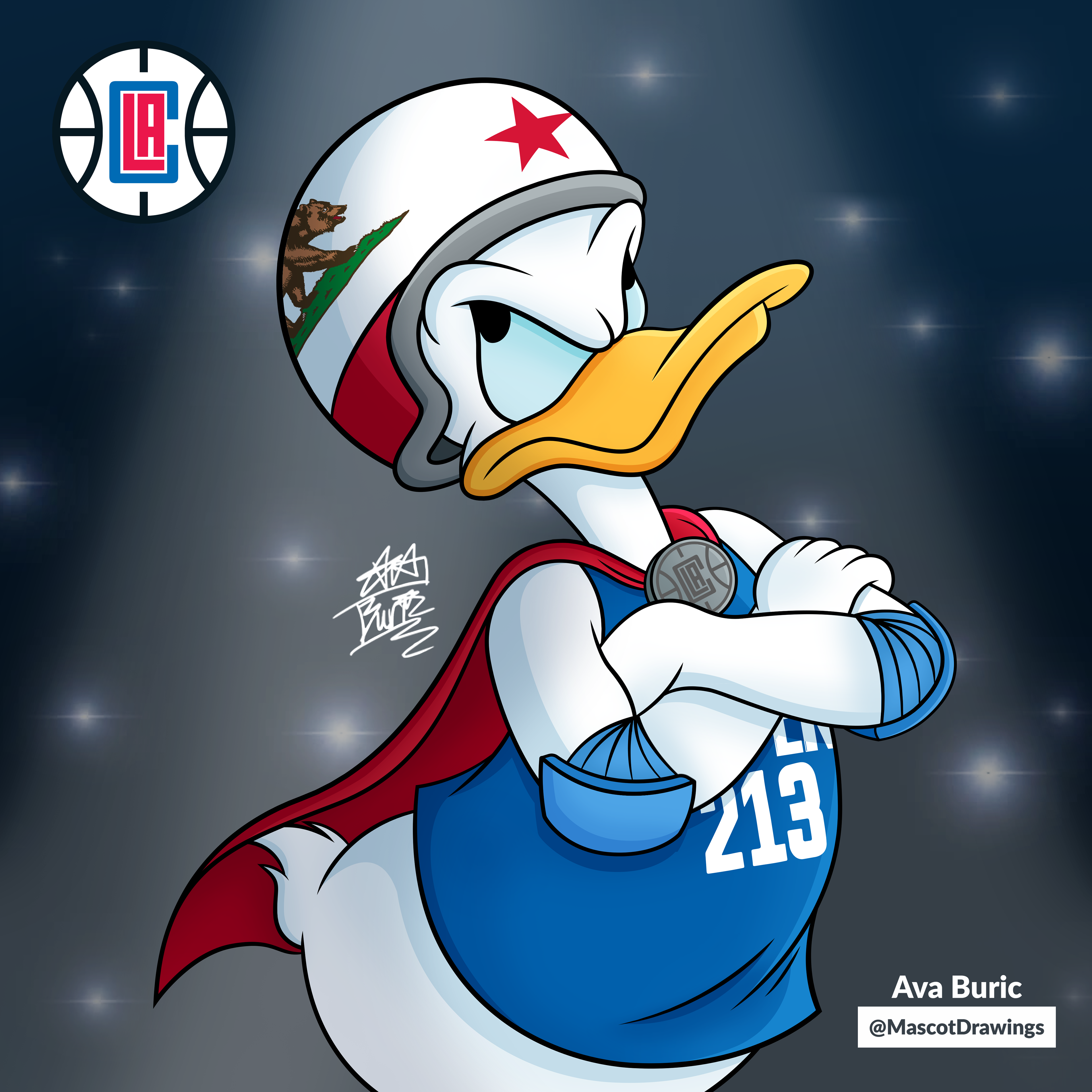 Donald Duck dressed up as Chuck The Condor, the mascot of the Los Angeles Clippers