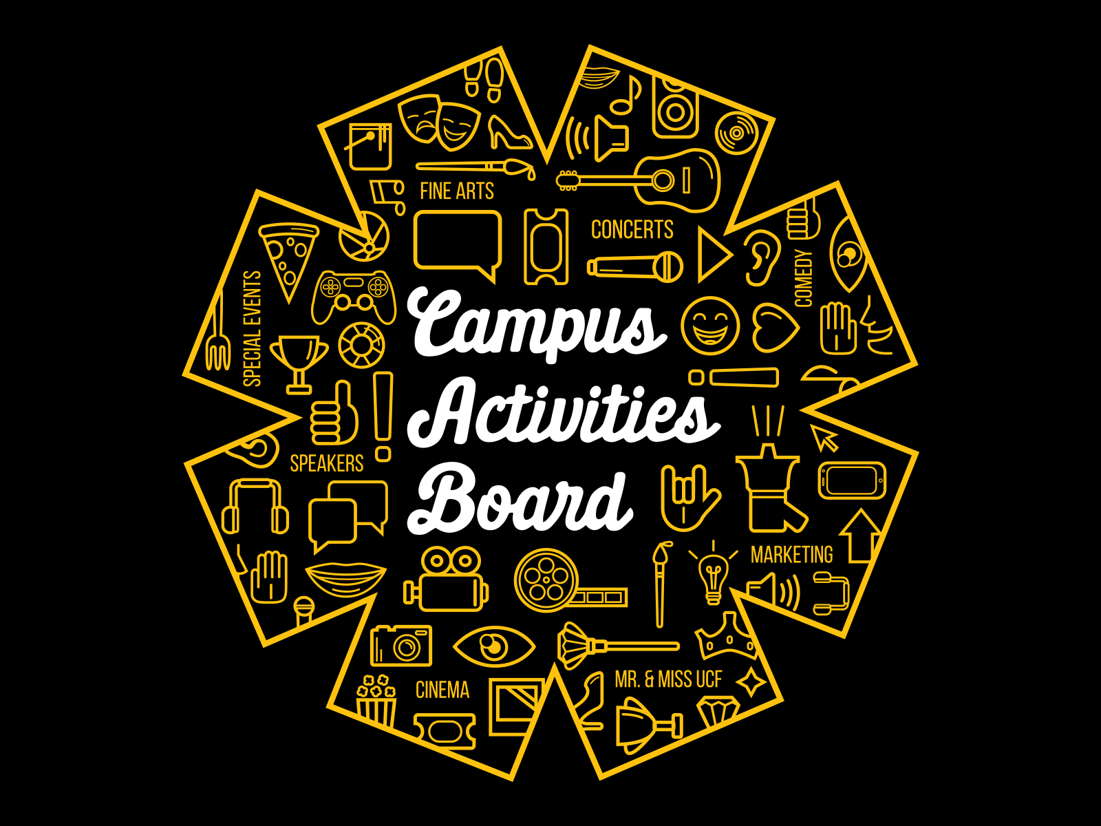 Shirt design developed for the Campus Activites Board inspired by modern iconography and their various event categories