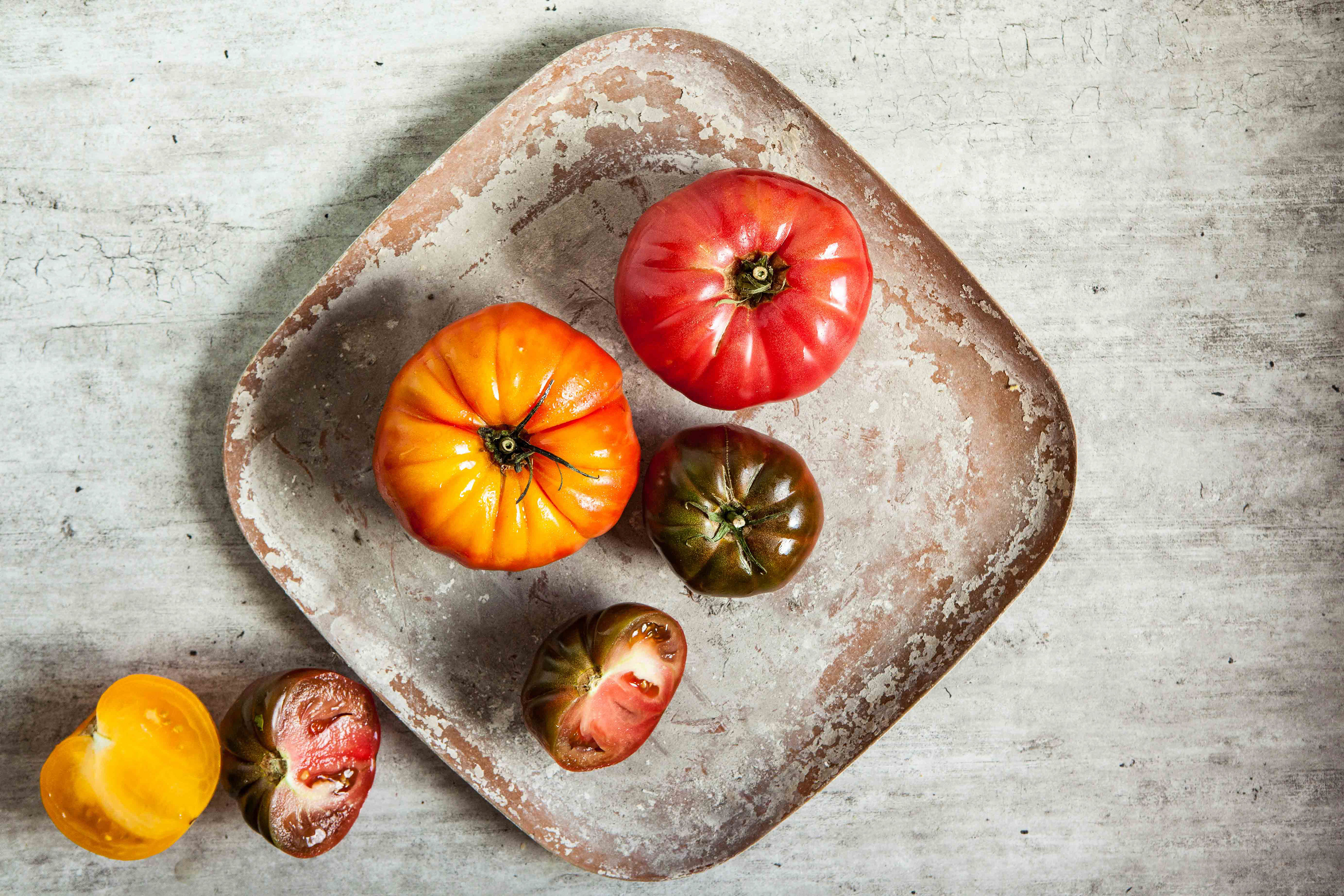 Social Media Photography - Heirloom Tomatoes on a Rustic Tray