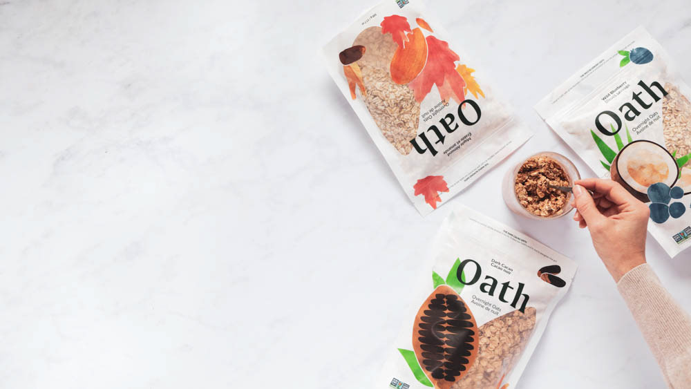 Creative product photography - 3 oatmeal flavours in pouches