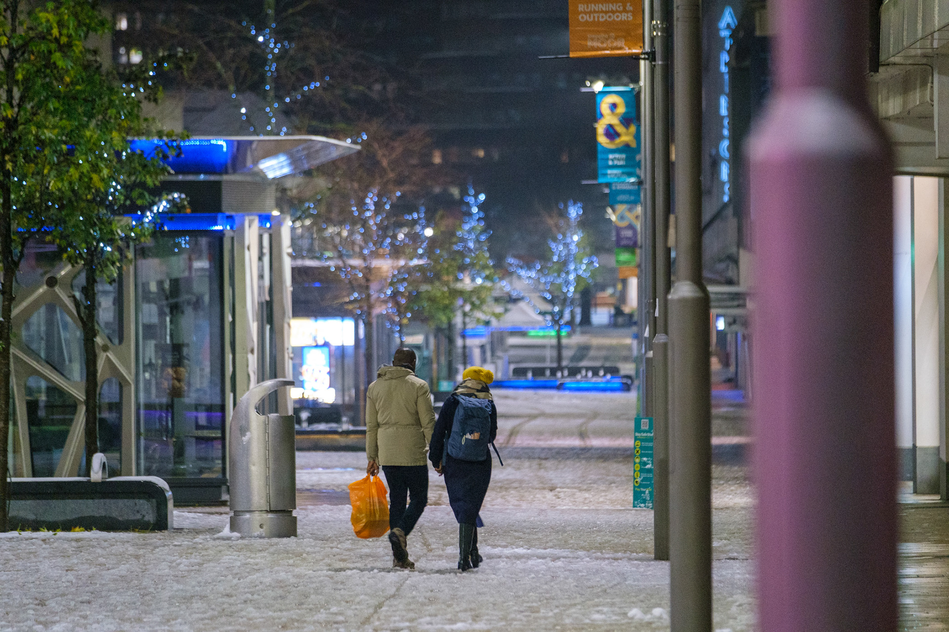 Lockdown3- The Moor, Sheffield in the snow at night