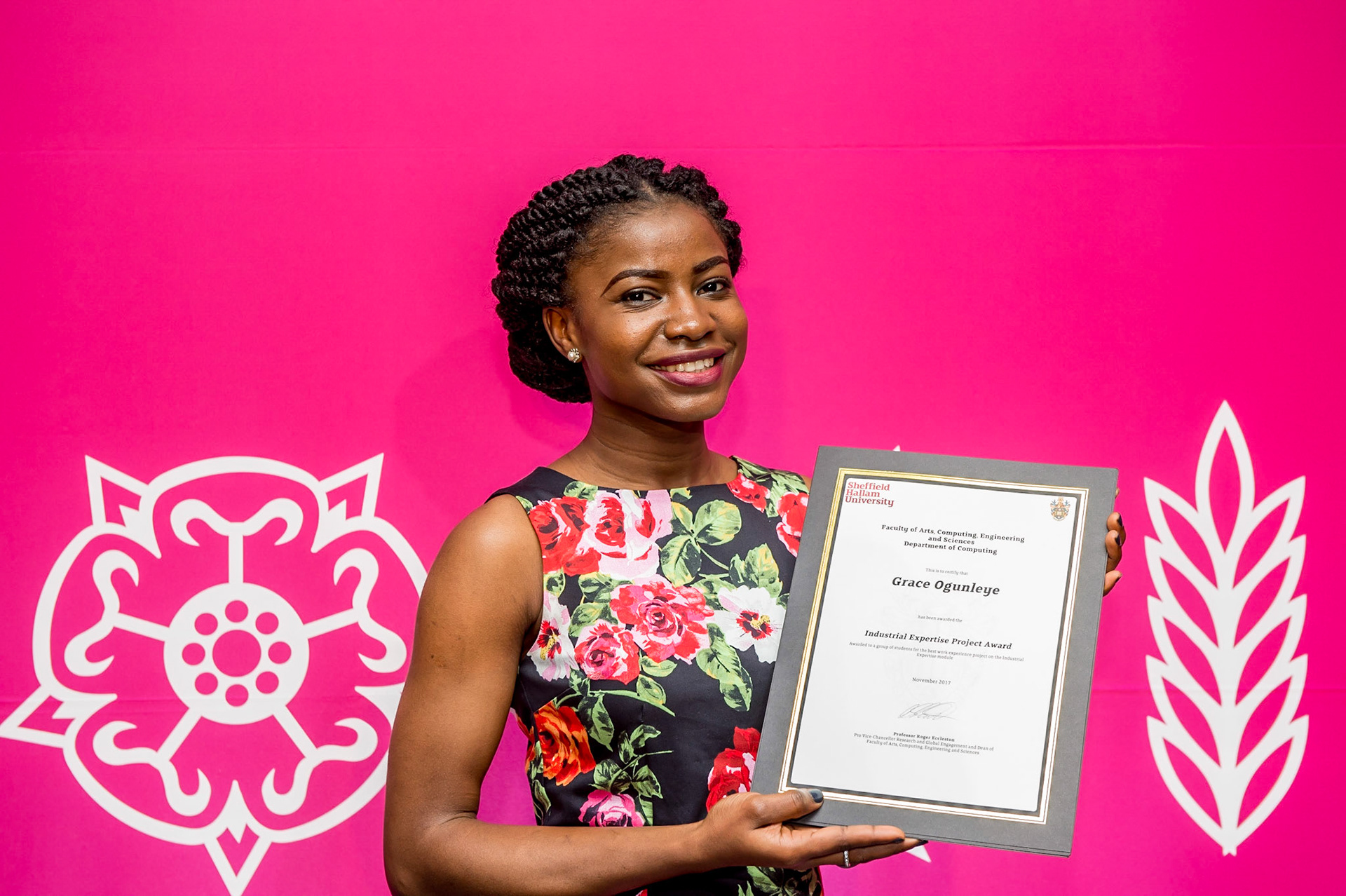 A student at Sheffield Hallam University with her Industrial Expertise Award
