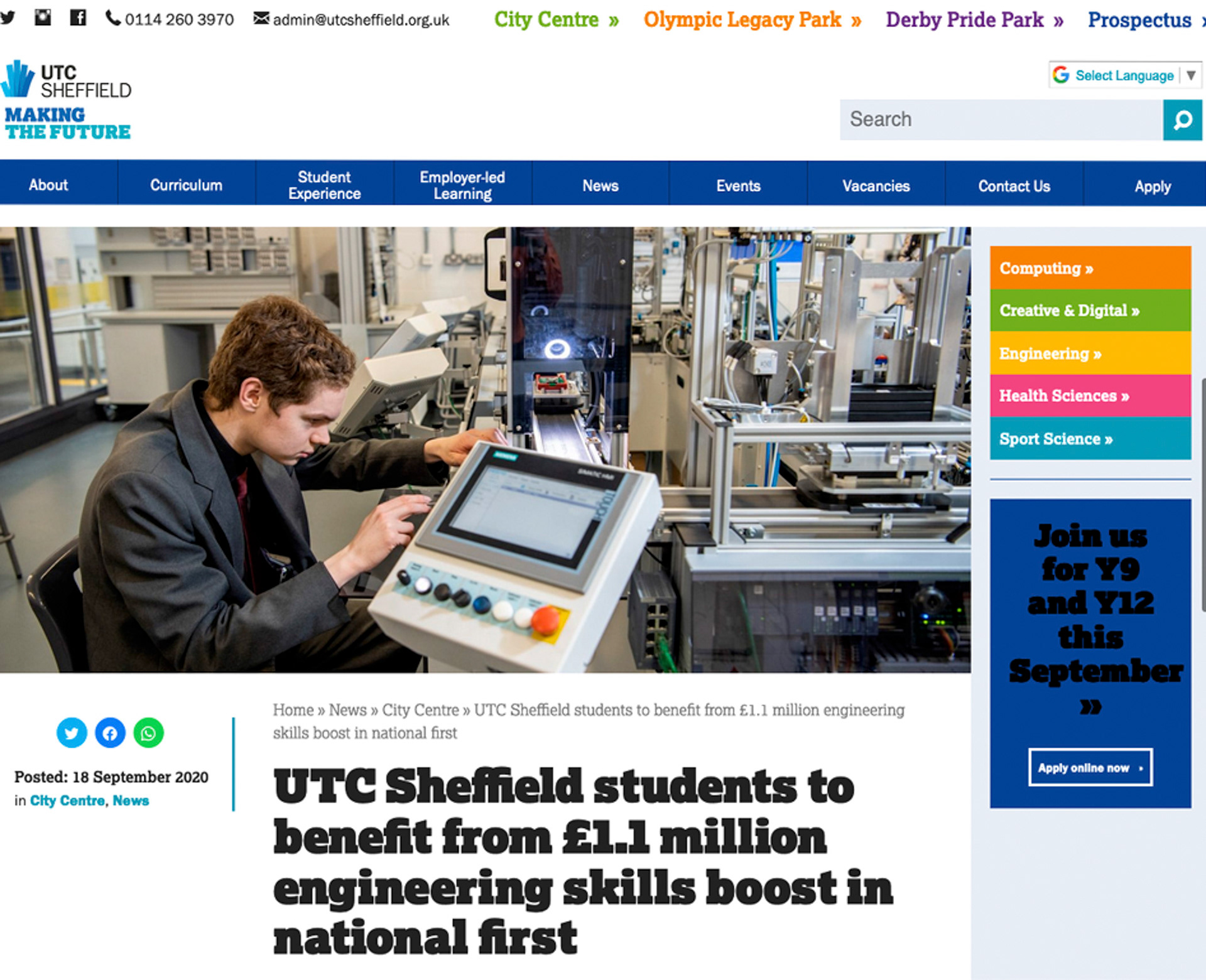 UTC Sheffield students to benefit from £1.1 million engineering skills boost in national First Teenagers at UTC Sheffield are set to be the first in the country to develop a new range of in demand high-level digital engineering skills, thanks to a £1.1 million funding boost. Posted: 18 September 2020